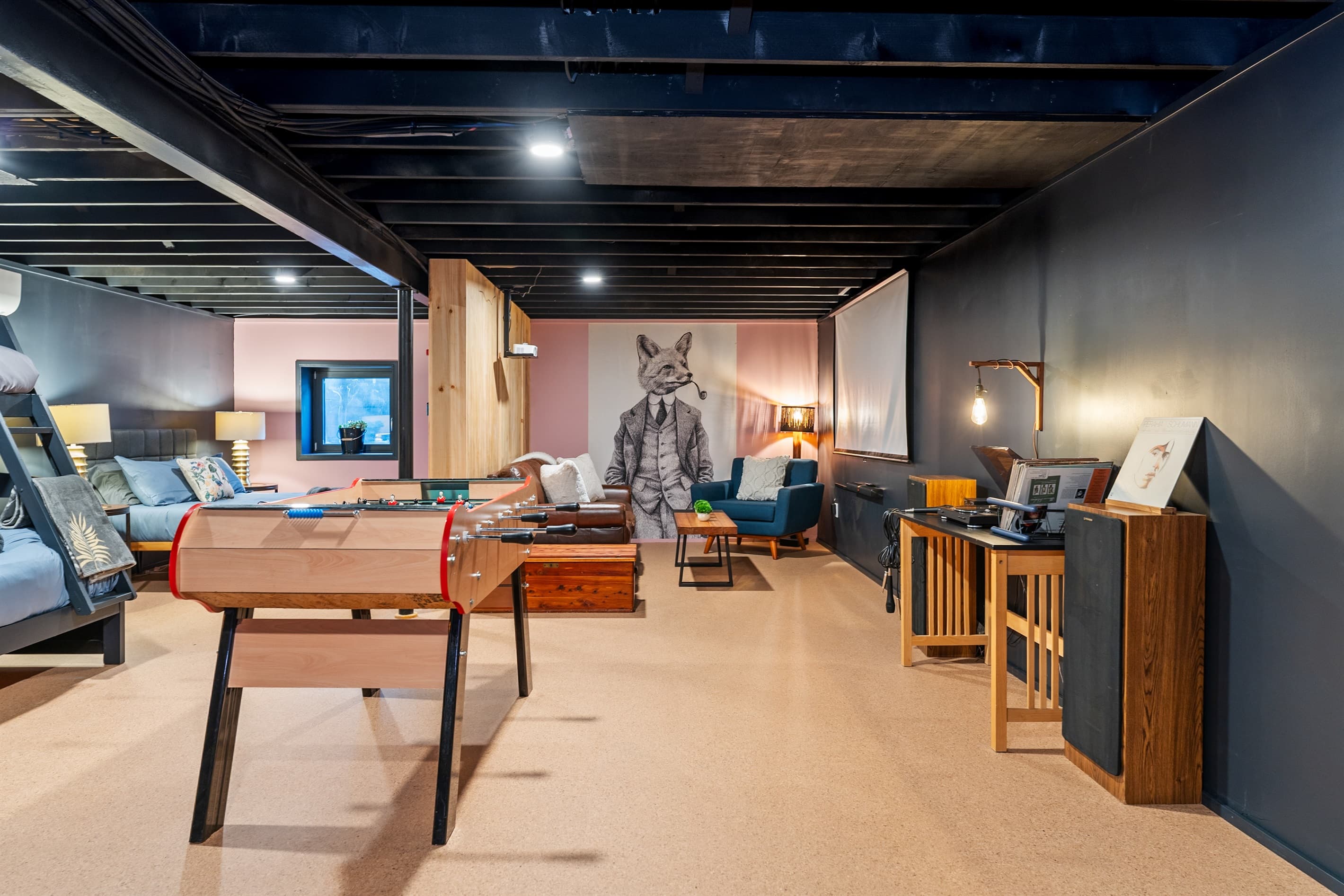 Recreation room with foosball and lounge seating