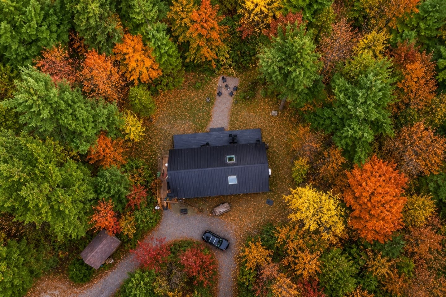 Overhead view of the cabin in autumn