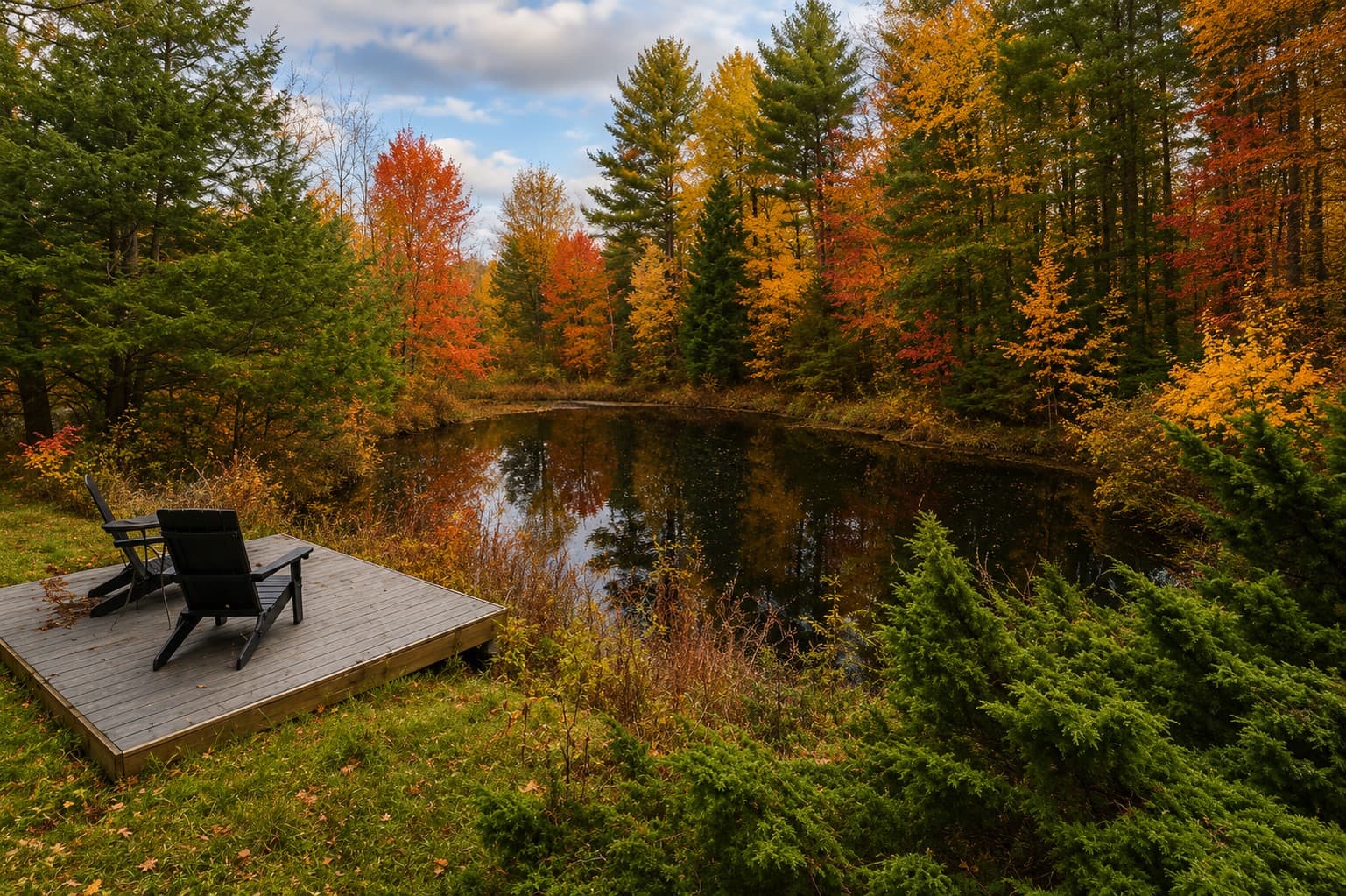 Pond surrounded by colorful autumn trees