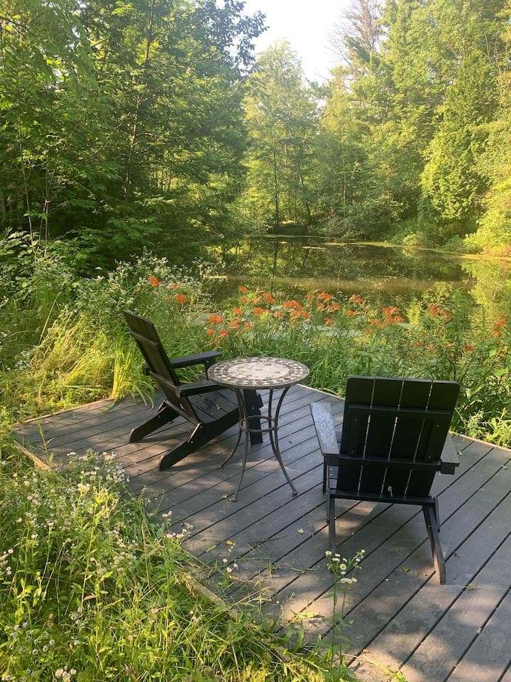 Pondside deck with outdoor table