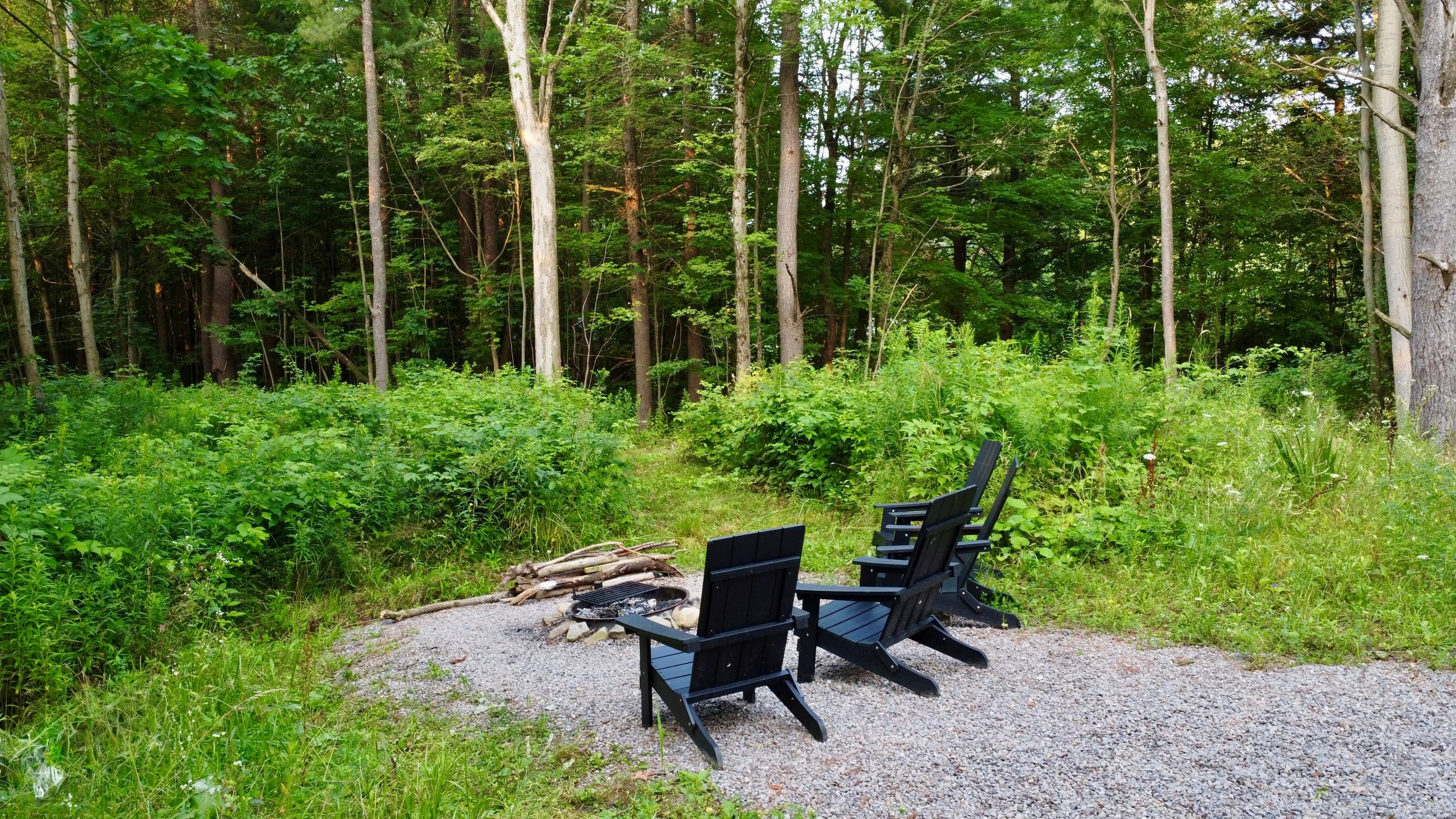 Wooded fire pit area with Adirondack chairs