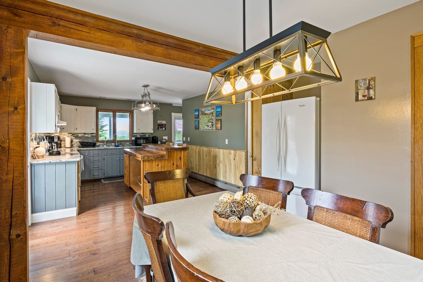 Open dining space beside the fireplace