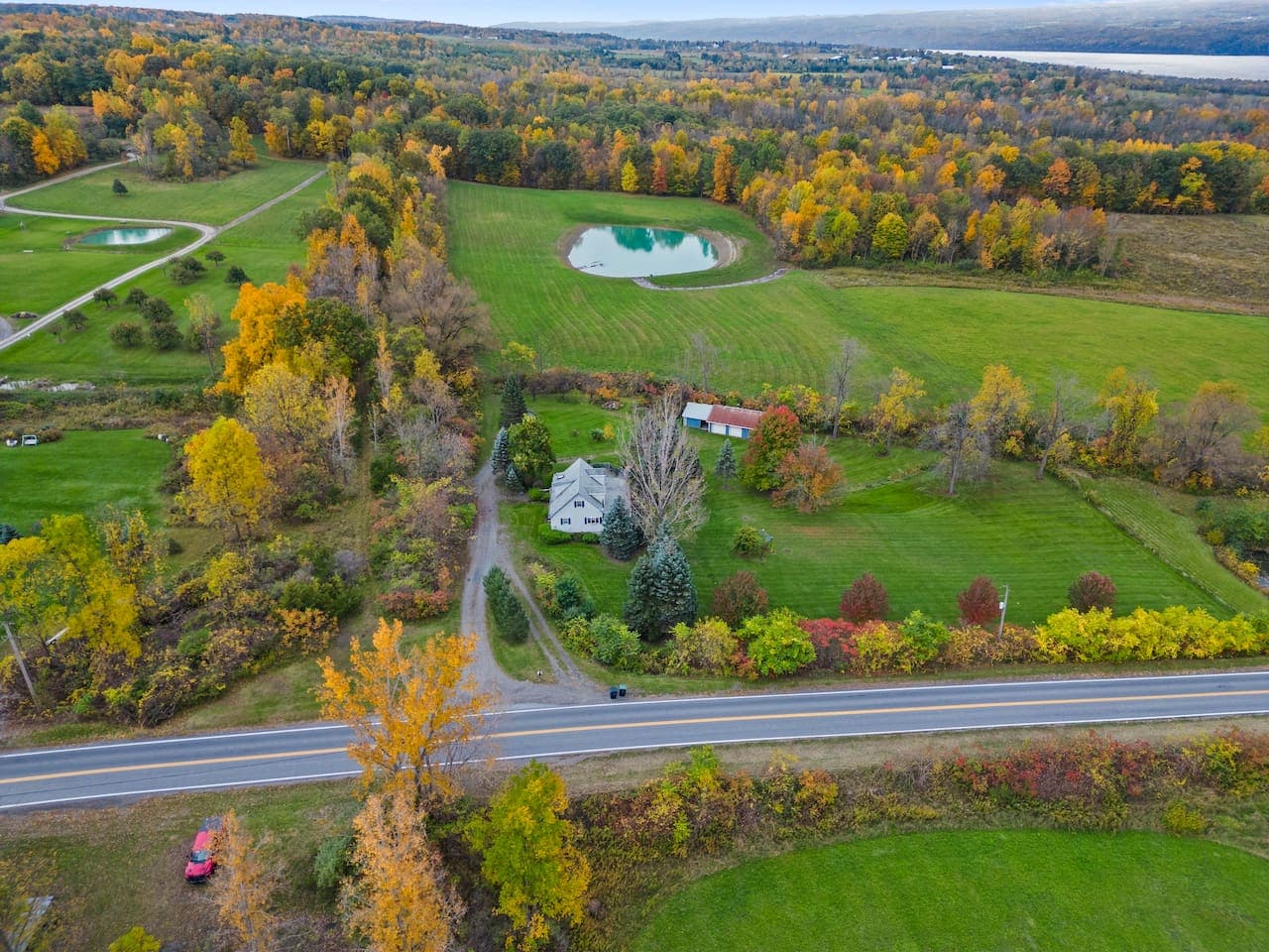 Aerial view of the landscaped grounds