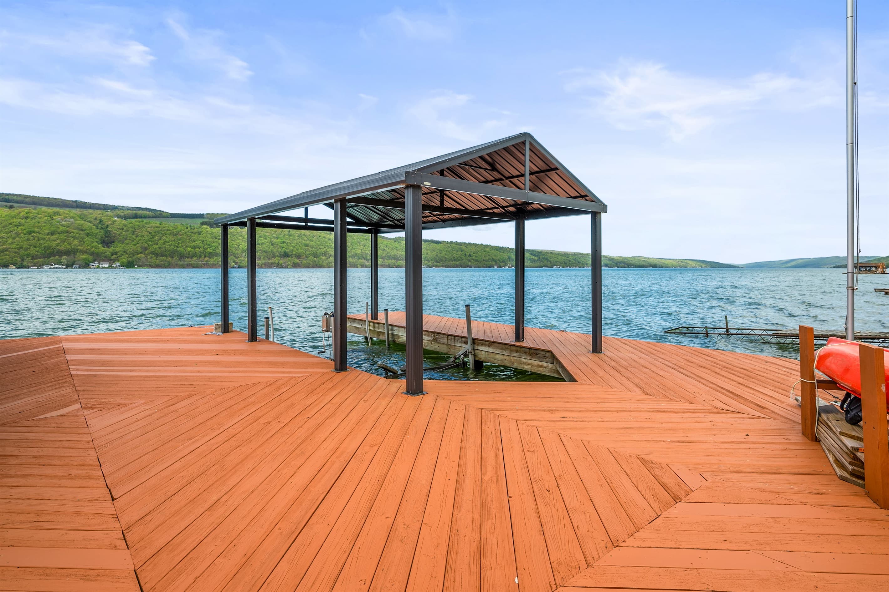 Lakefront deck with shaded canopy