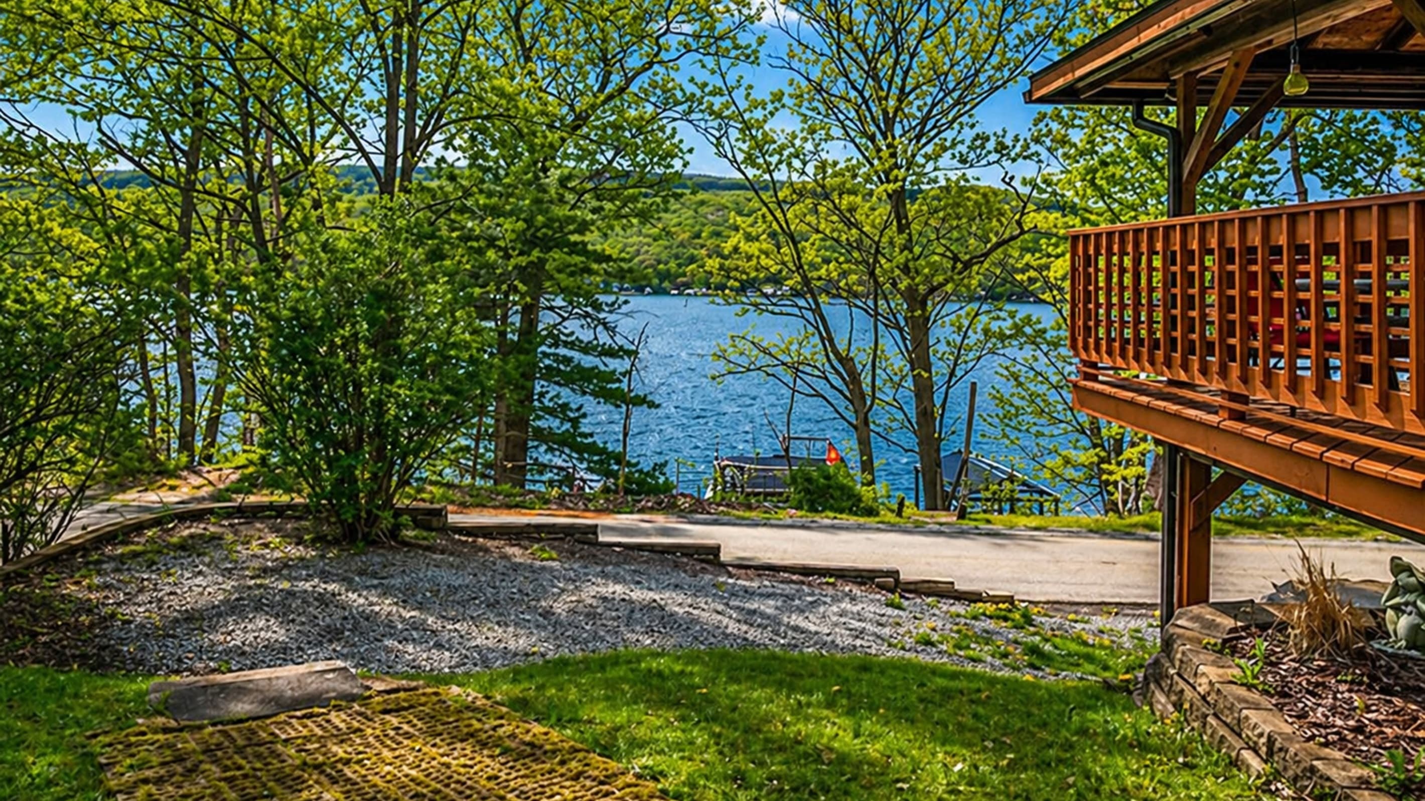 Lake view through mature trees