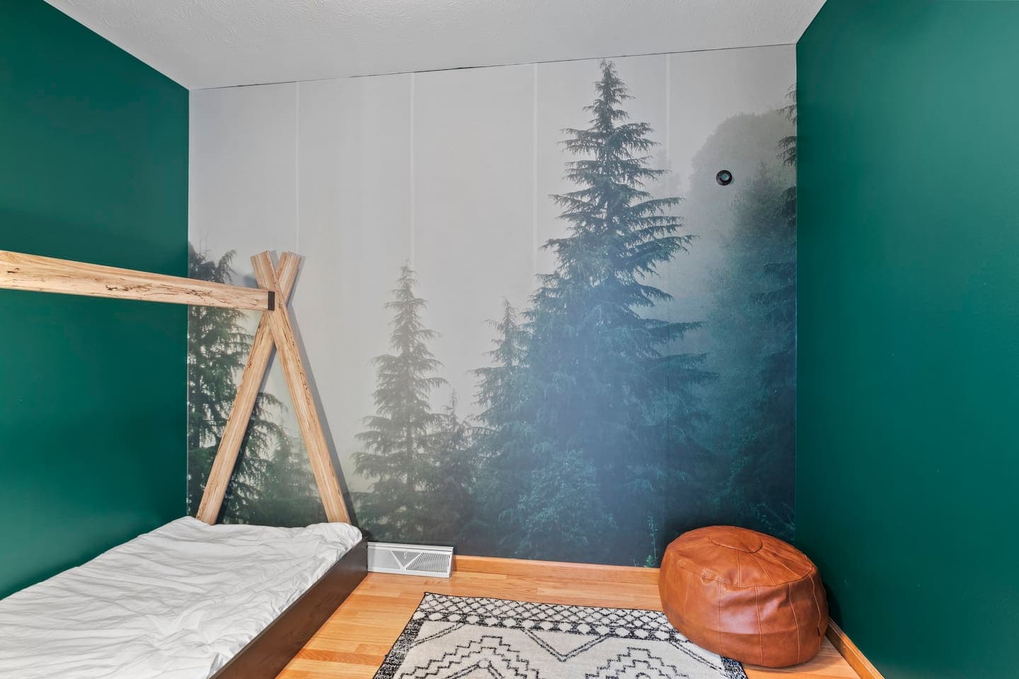 Bonus room with forest mural and workout equipment