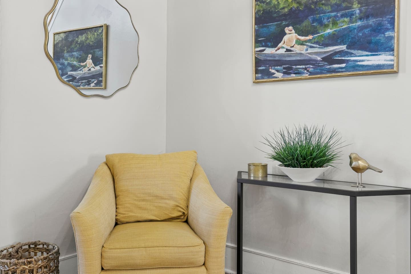 Corner reading nook with console and yellow chair