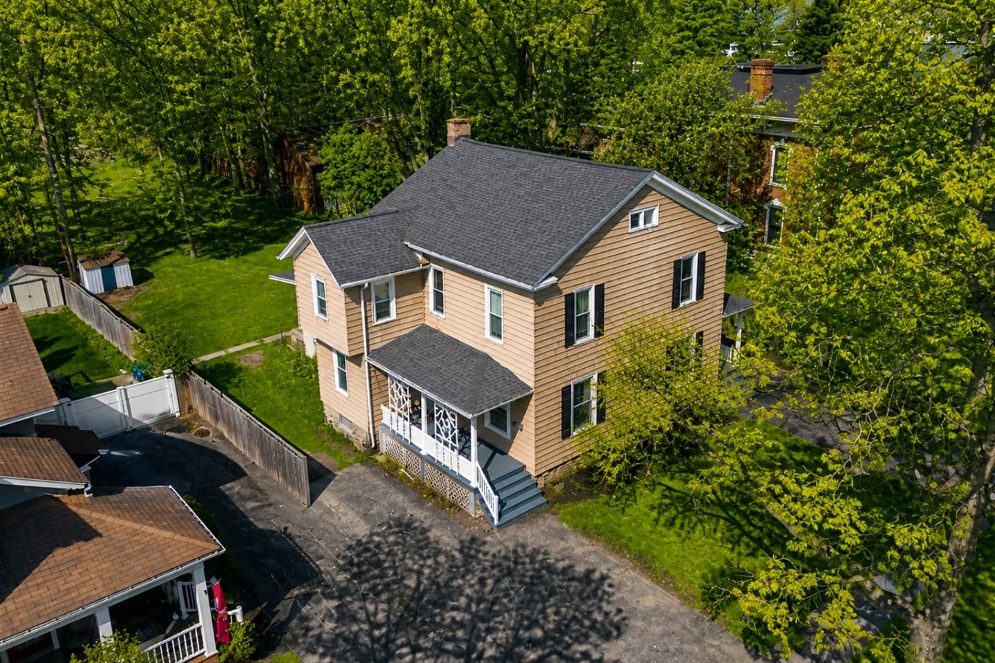 Aerial view of the two-story home