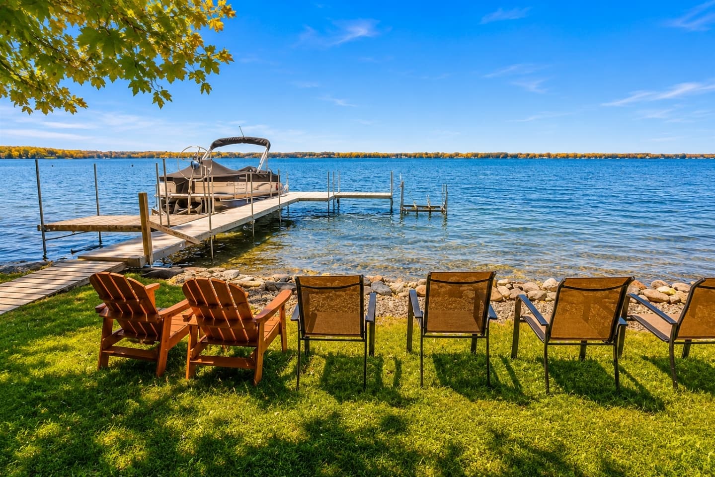Lakeside seating with dock and water views