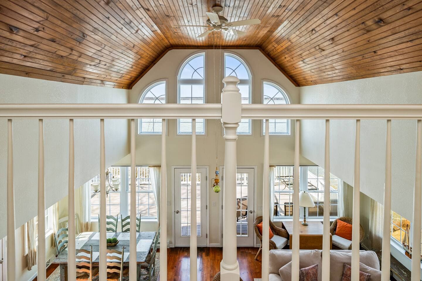 Upper-level view of the vaulted living space