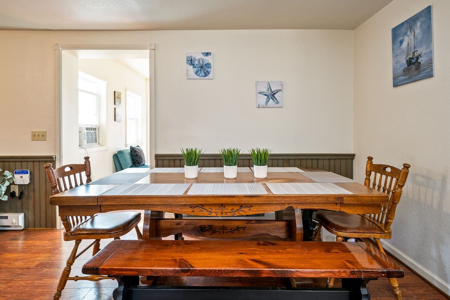 Dining room with long wood table