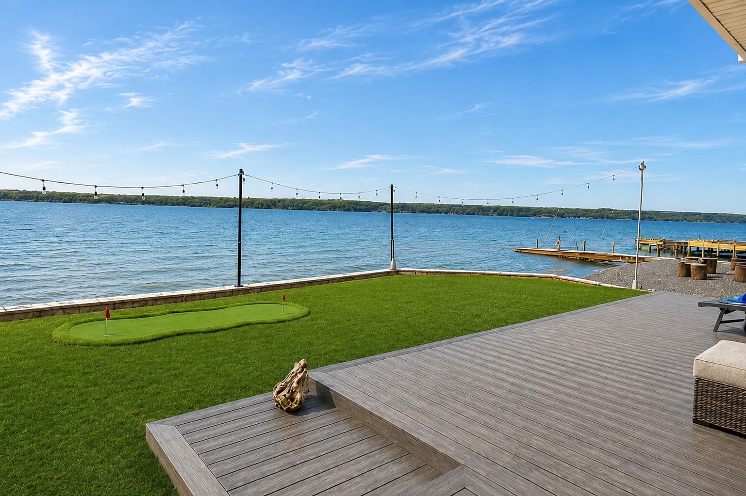 Waterfront deck with open lake views