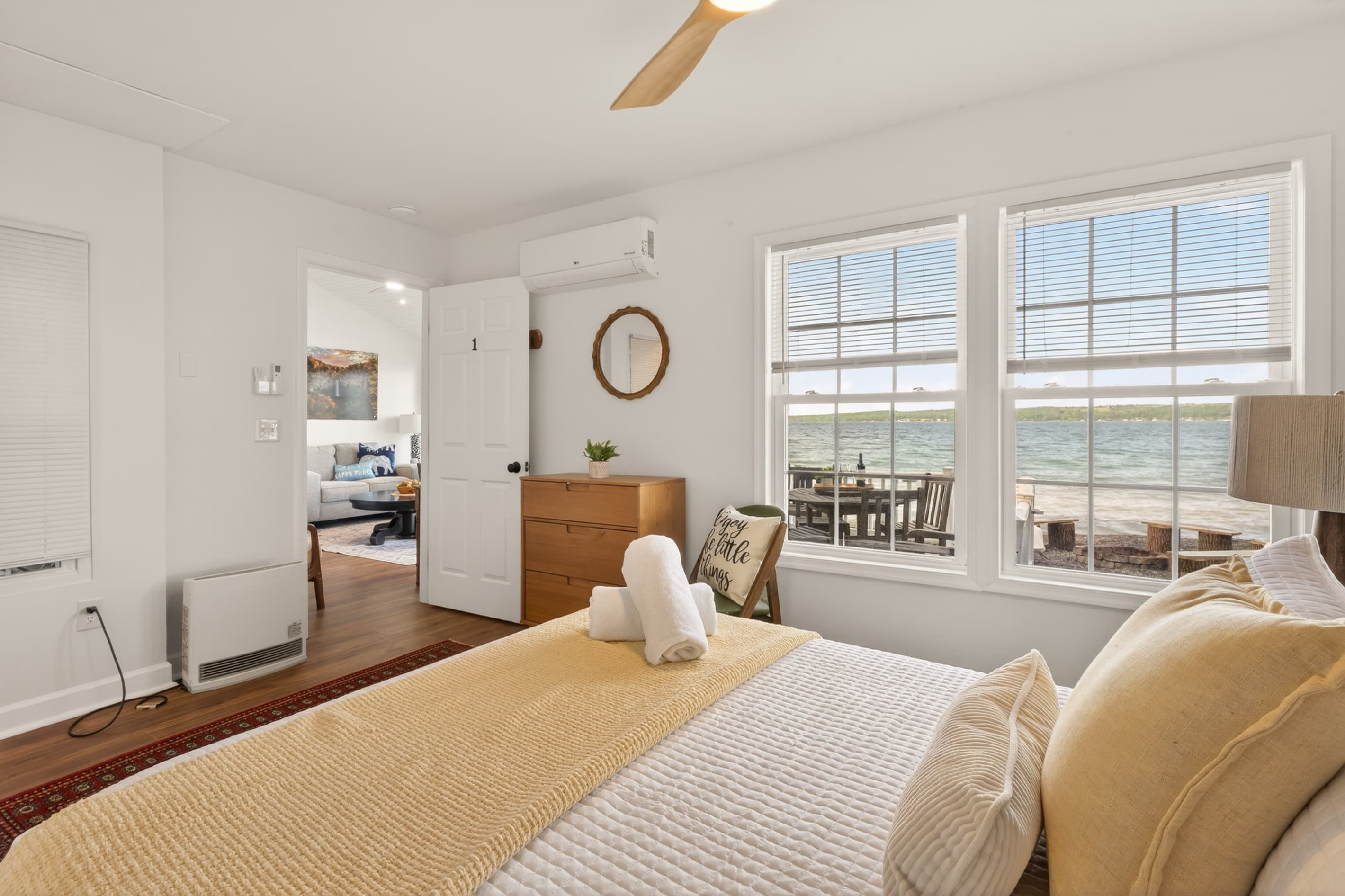 Bedroom with lake-facing windows