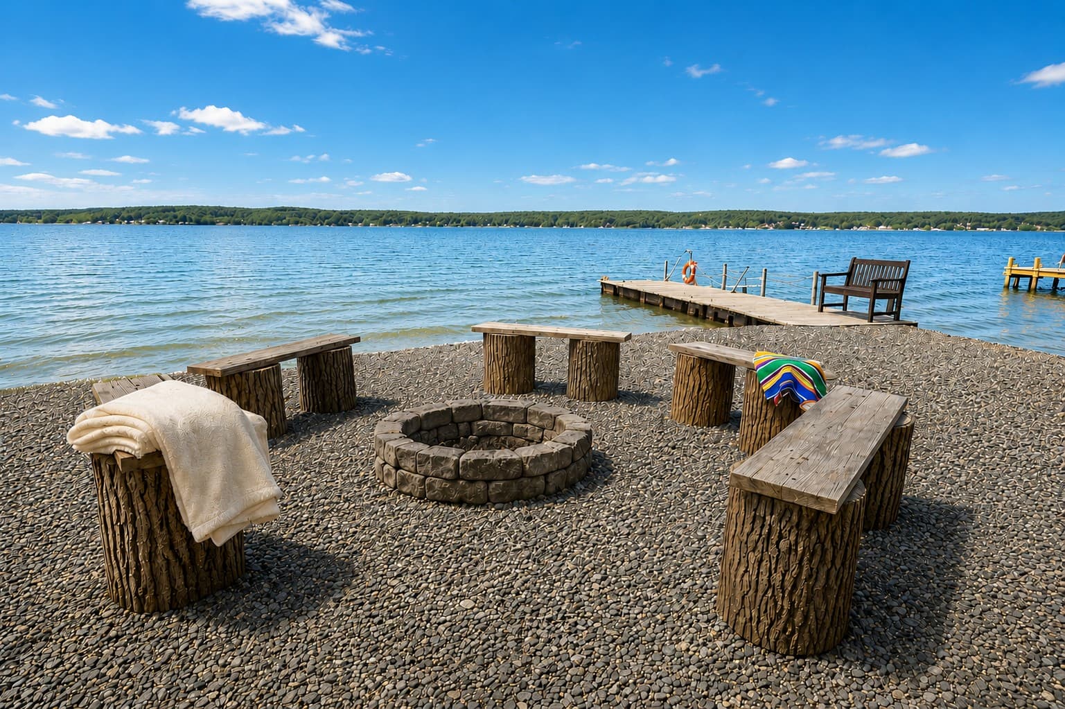 Shoreline fire pit with log seating