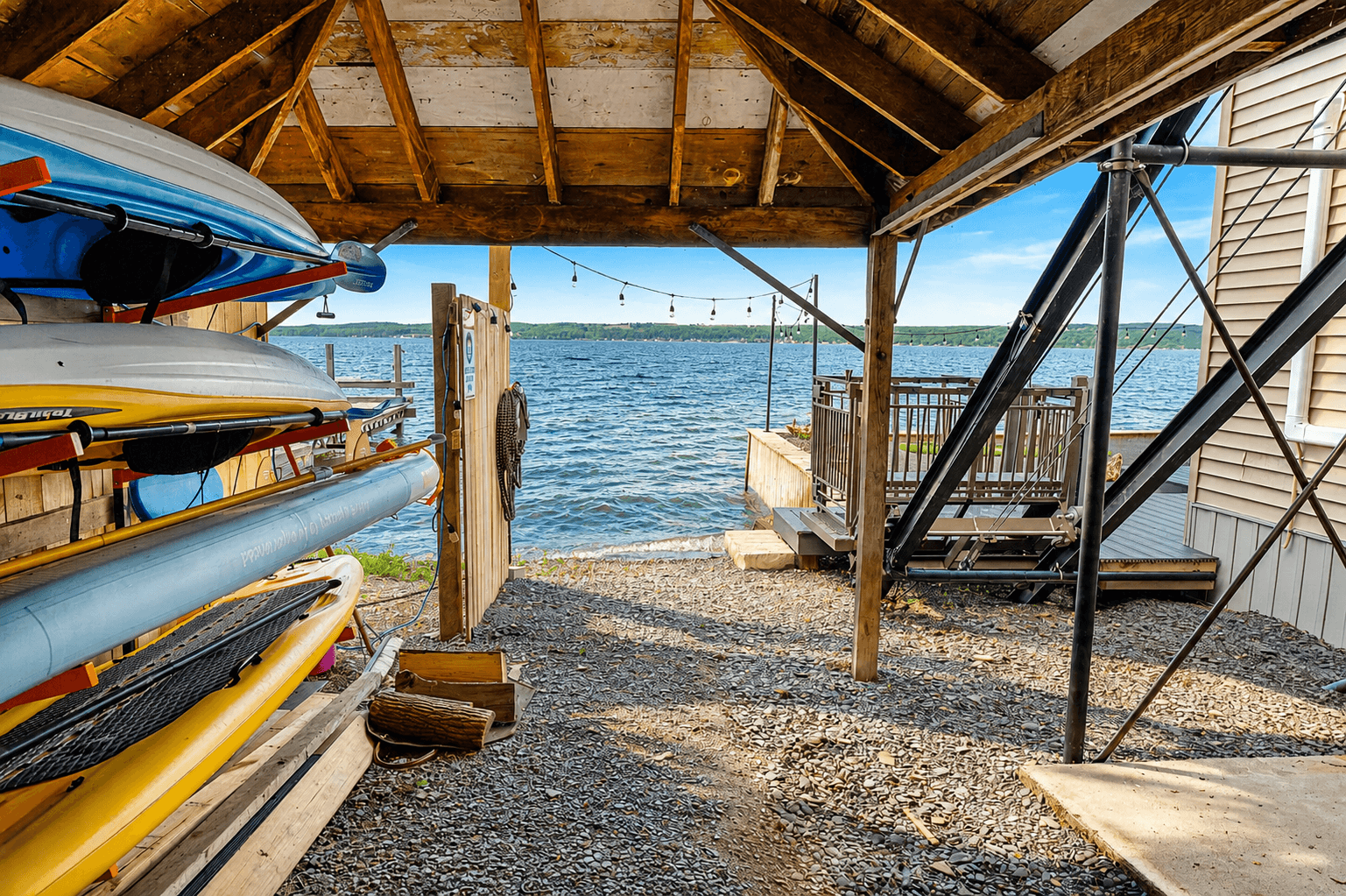 Covered storage area with kayaks