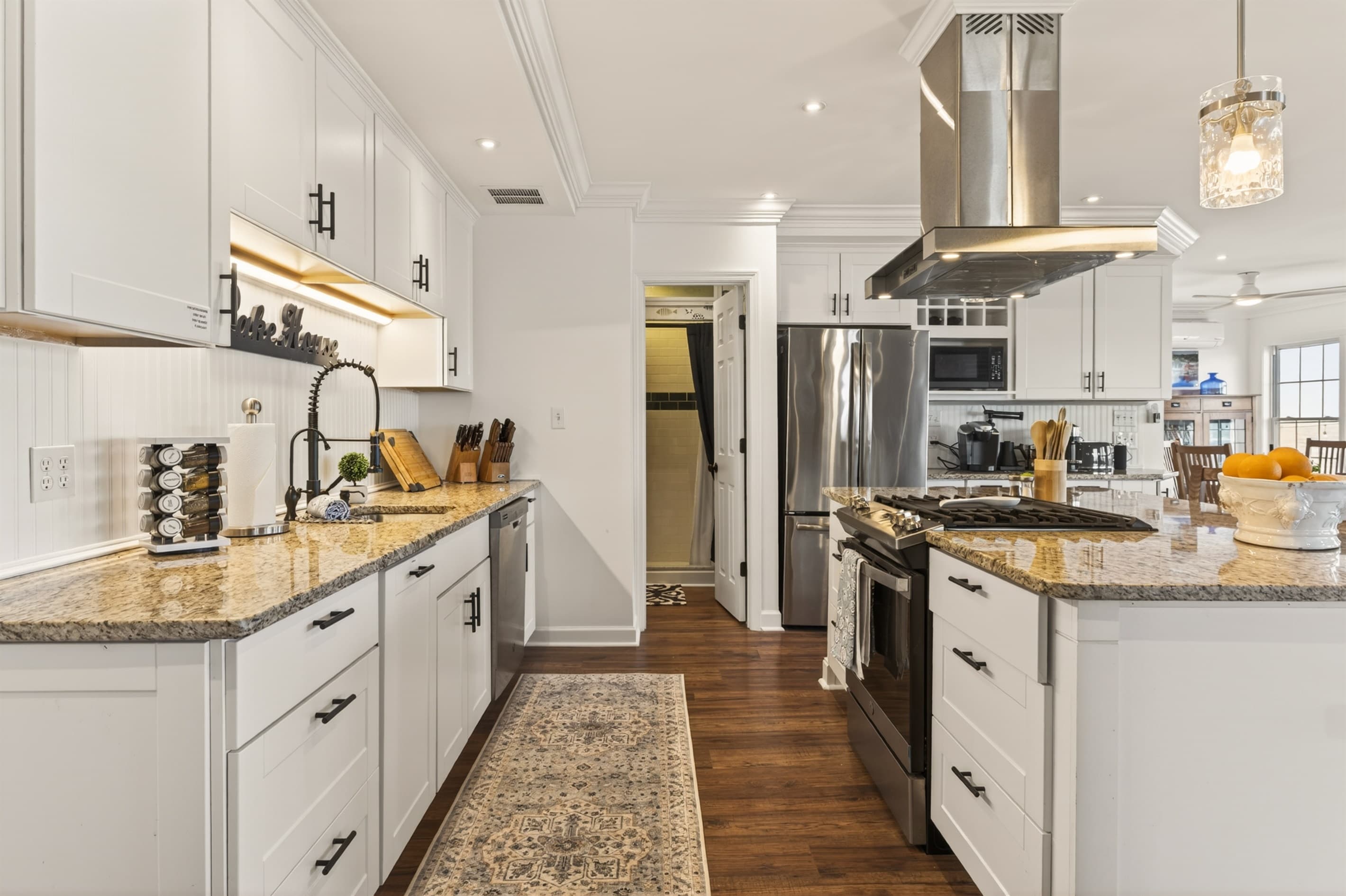 Galley kitchen with stainless steel appliances