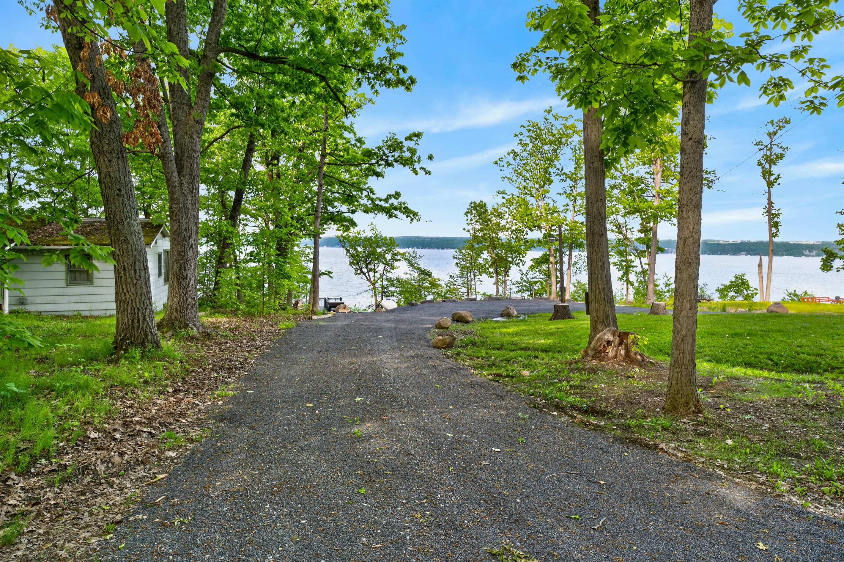 Tree-lined driveway with lake views