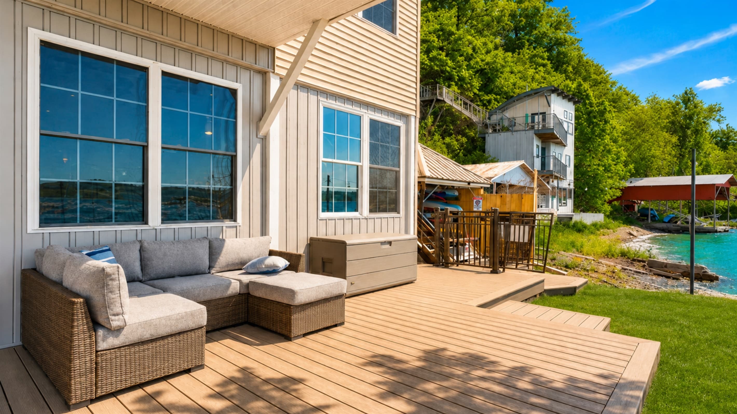 Spacious deck with cushioned lounge seating