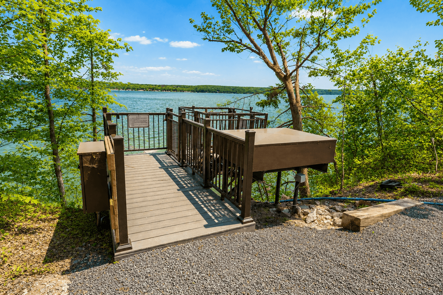 Wooden stairway leading toward the lake