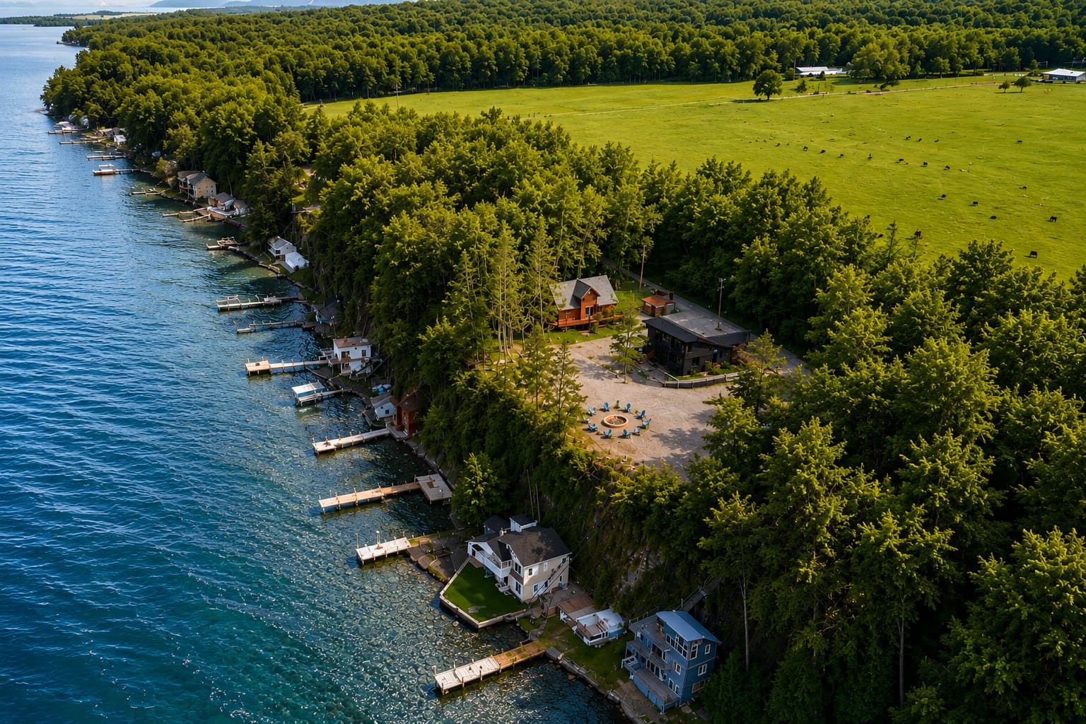 Aerial view of the tree-lined waterfront