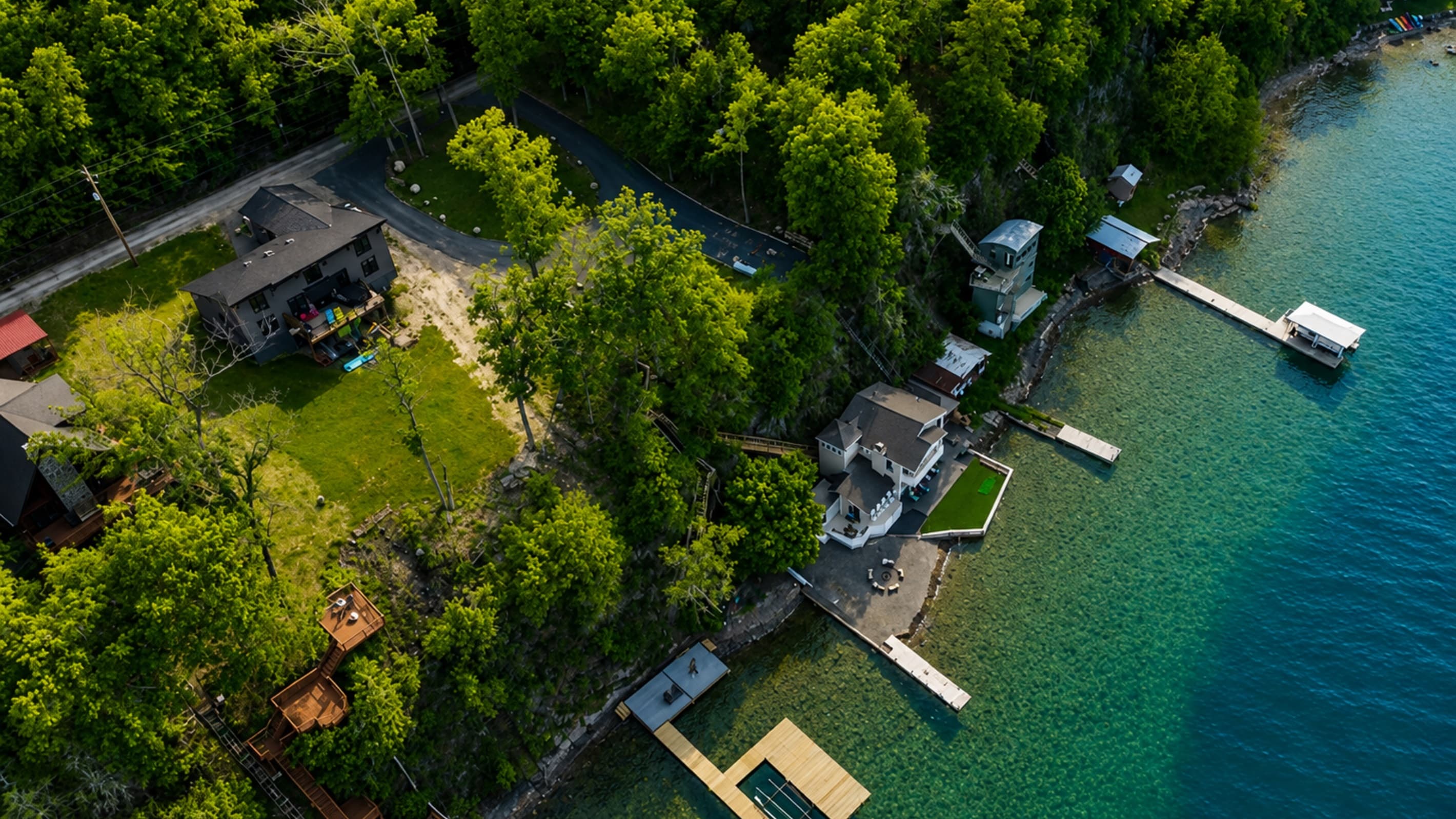 Aerial view of the home and shoreline
