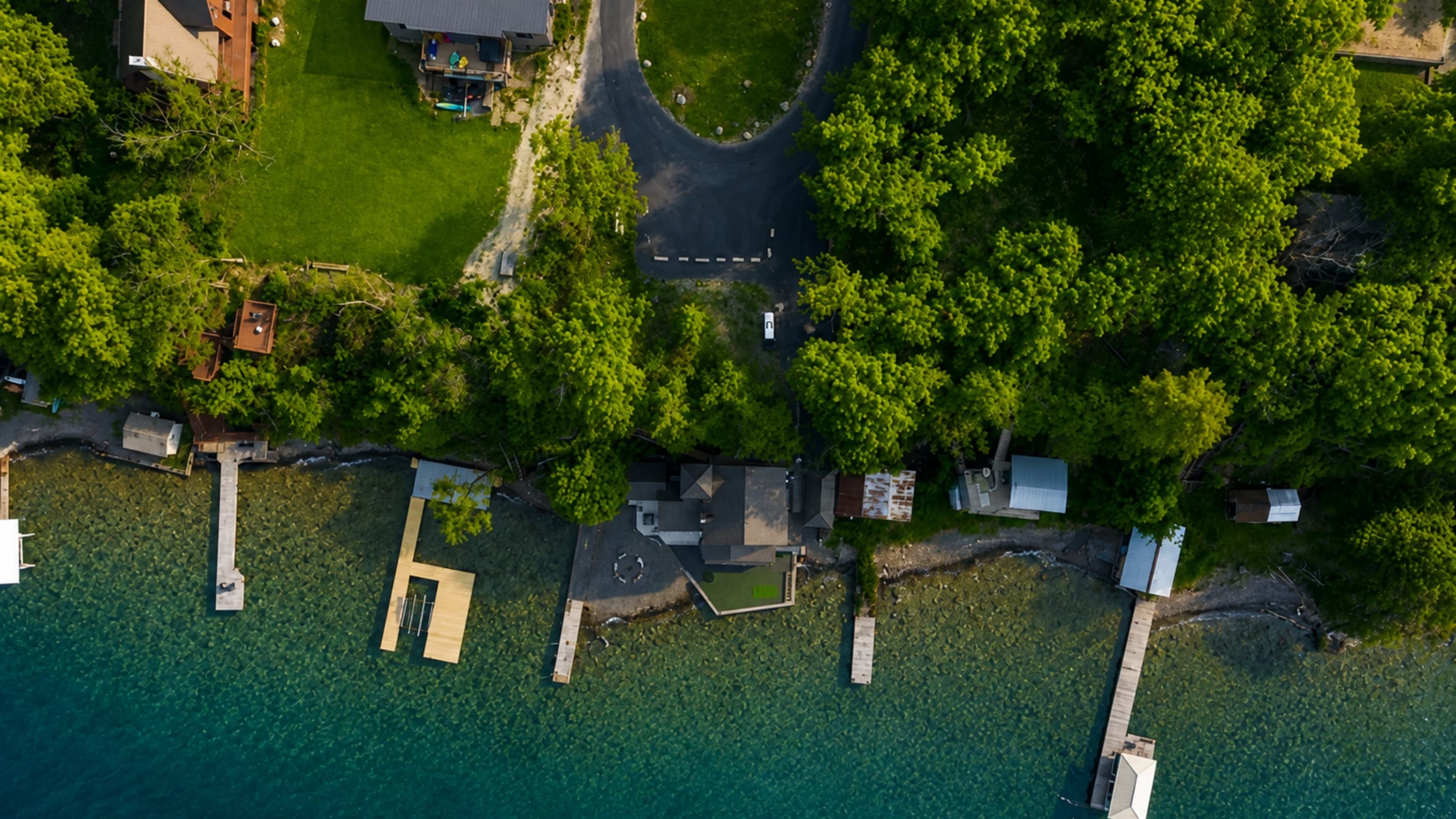 Overhead view of the waterfront and dock
