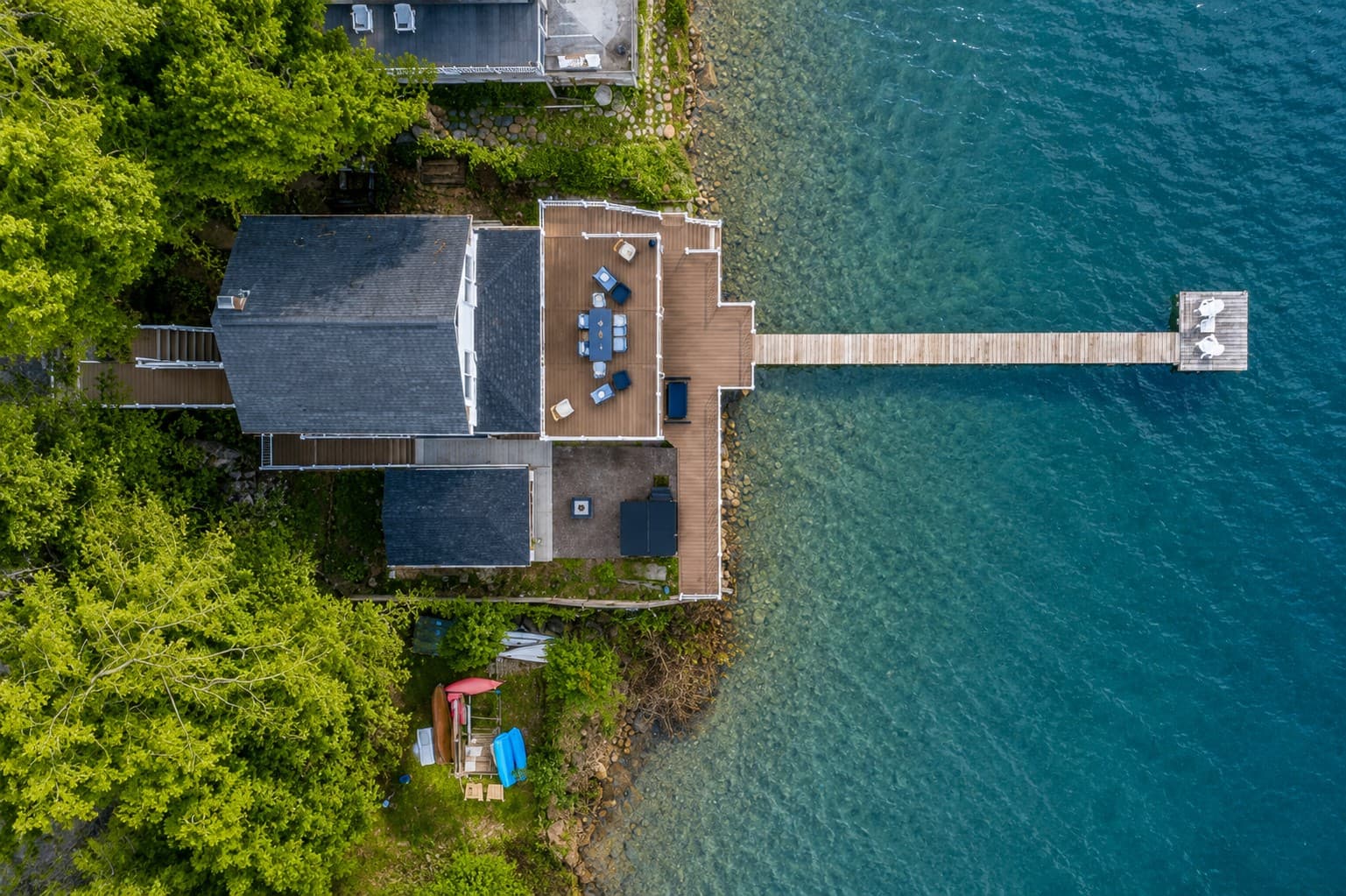 Overhead view of the house and pier