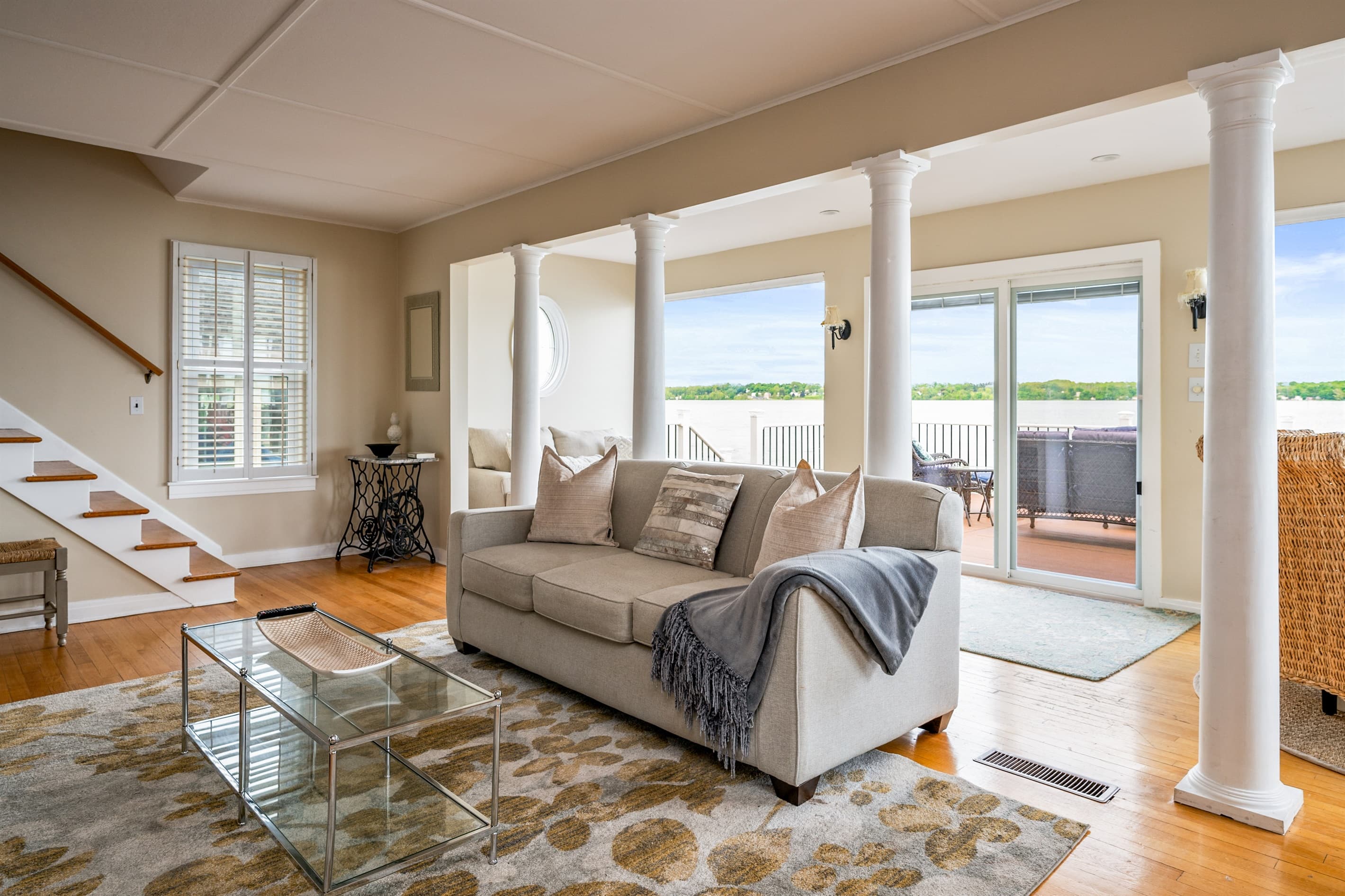Open living area with deck access