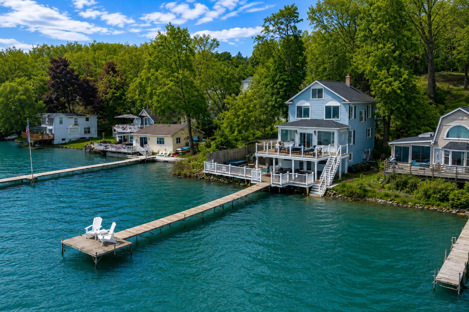 Elevated view of the house and shoreline