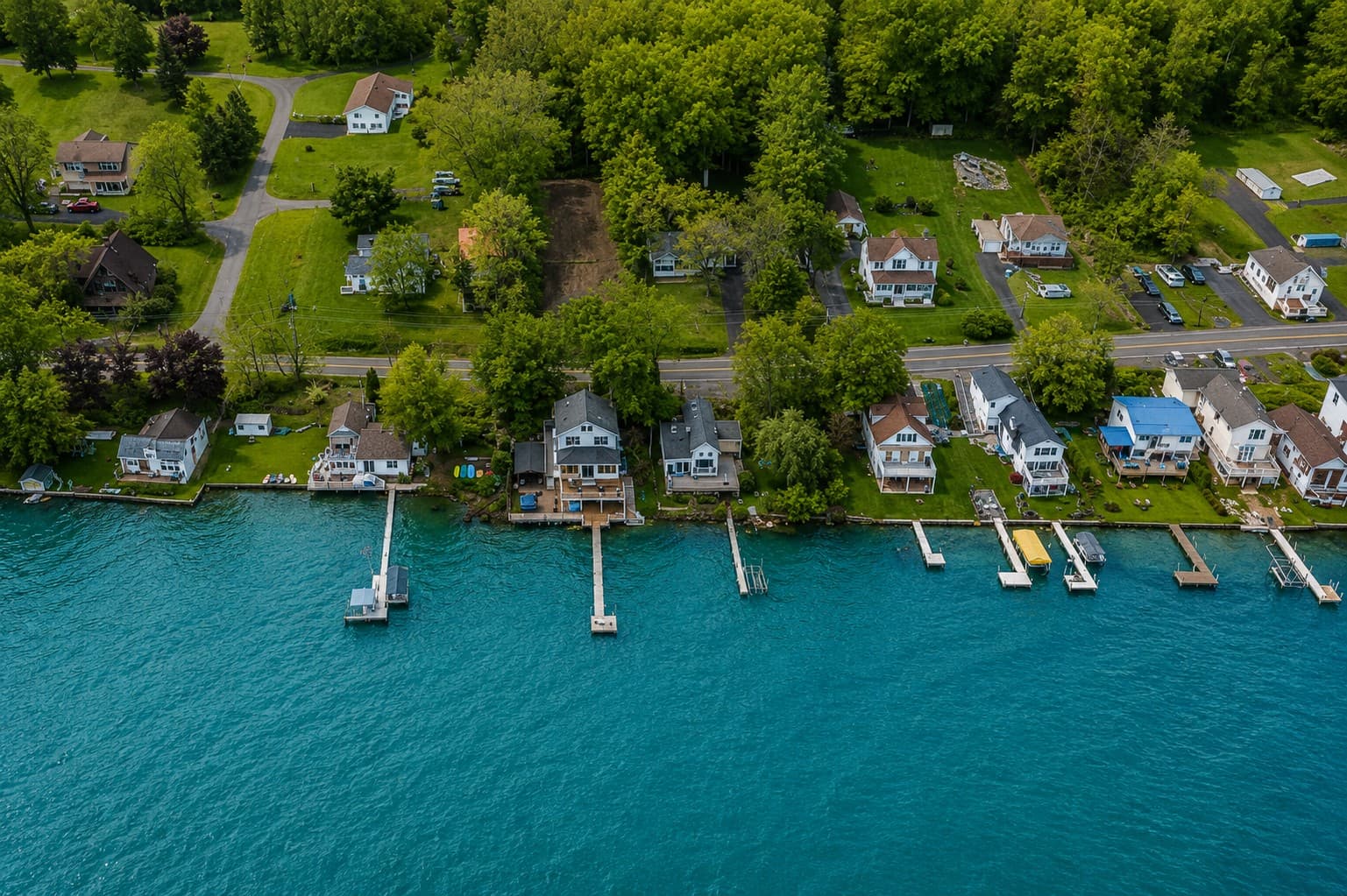 Shoreline properties and docks viewed above