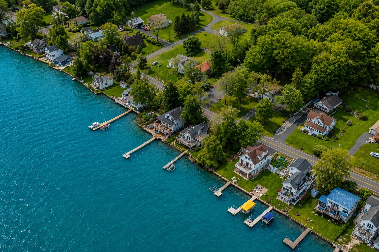 Angled aerial view along the lakeside neighborhood