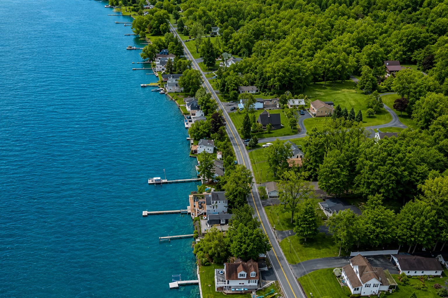 Curving shoreline bordered by lakeside homes