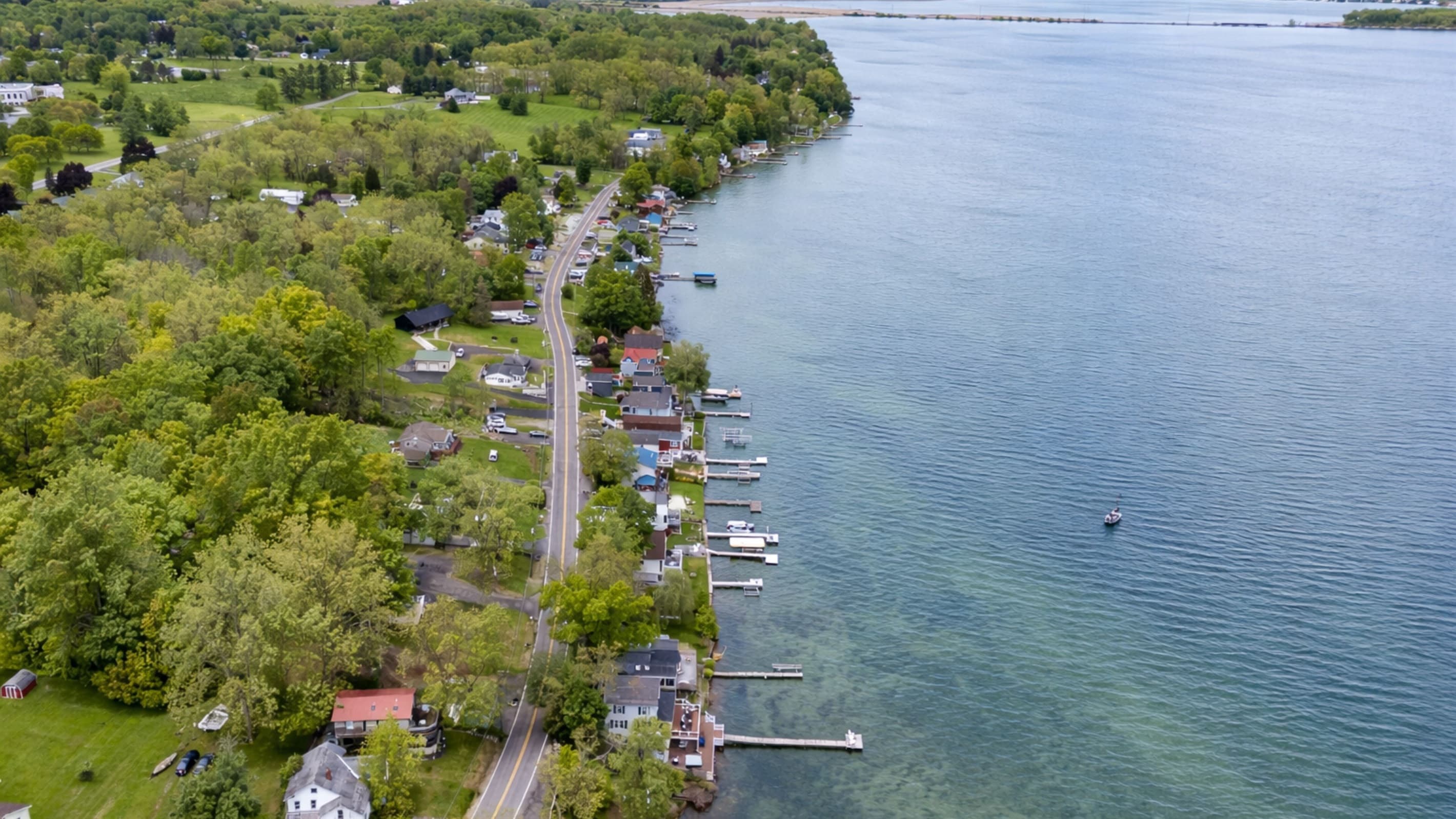 Tree-lined waterfront community from above