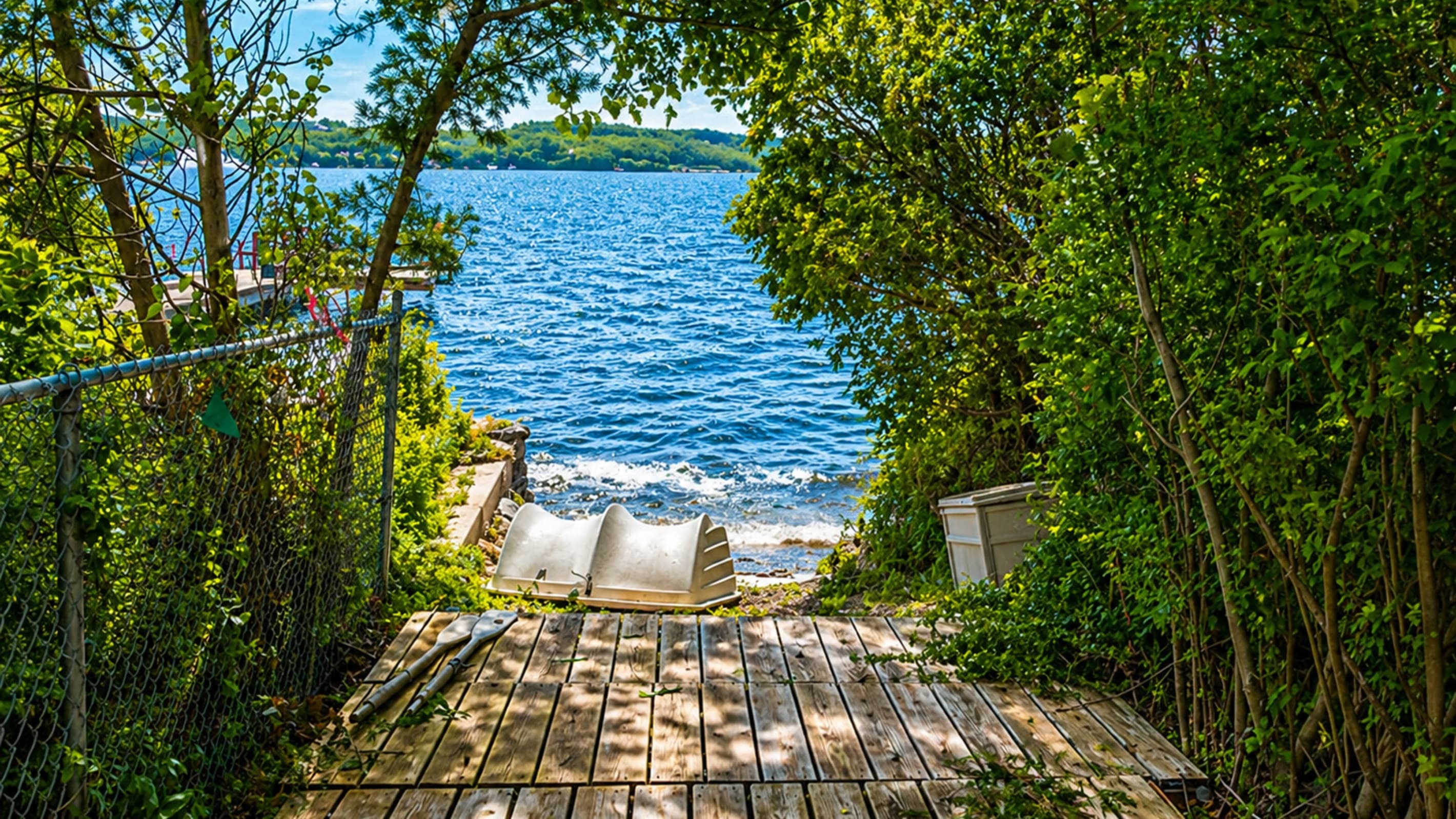 Lake visible through wooded shoreline