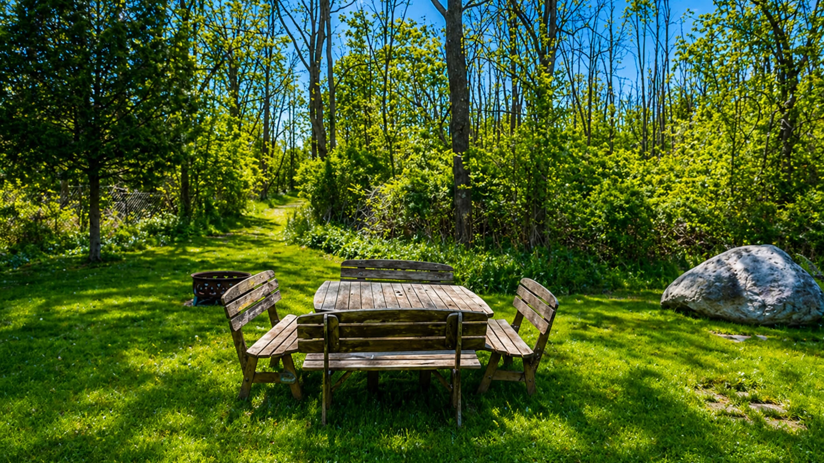 Picnic table within tree-lined yard
