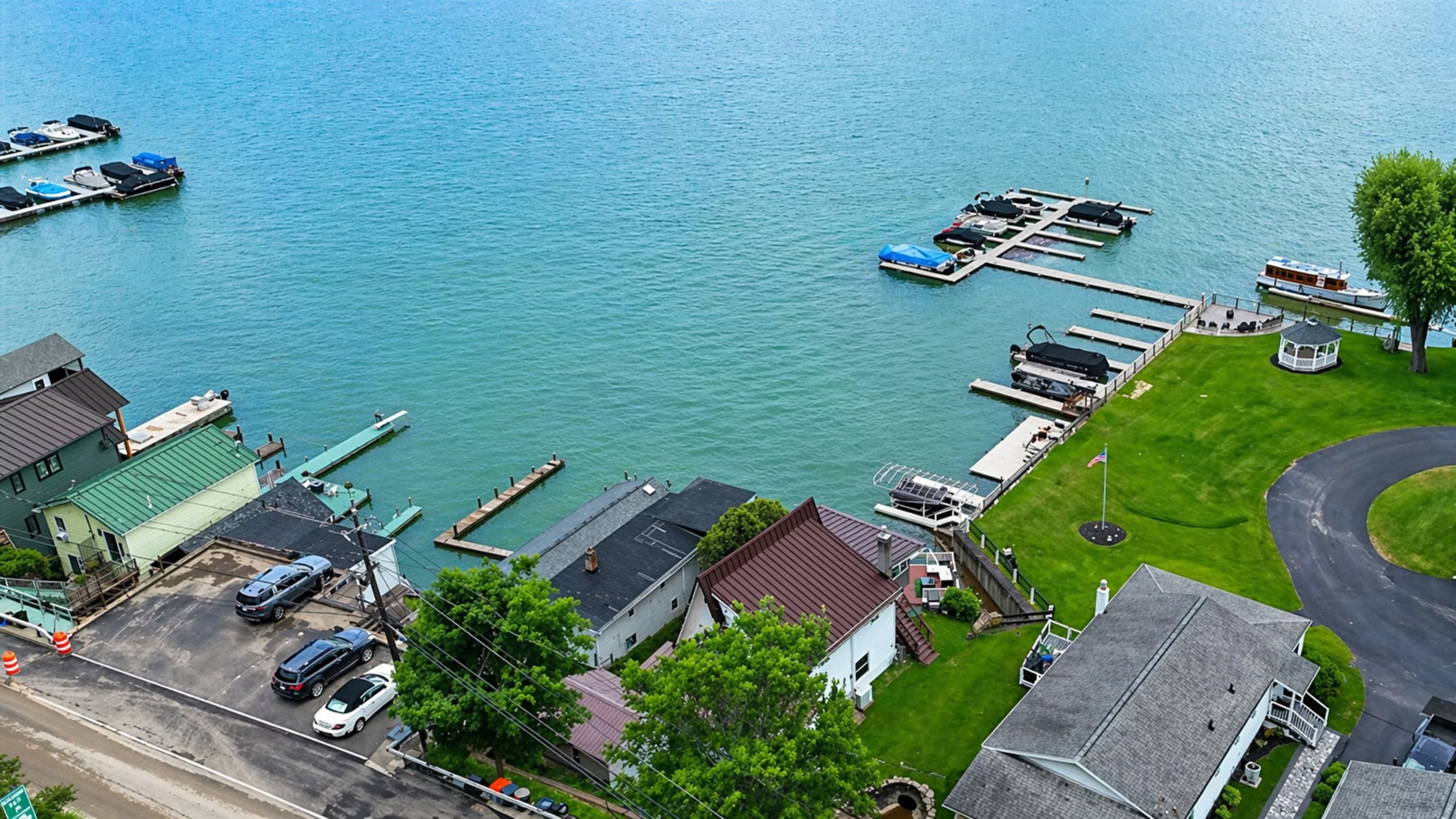 Aerial view of waterfront homes and docks