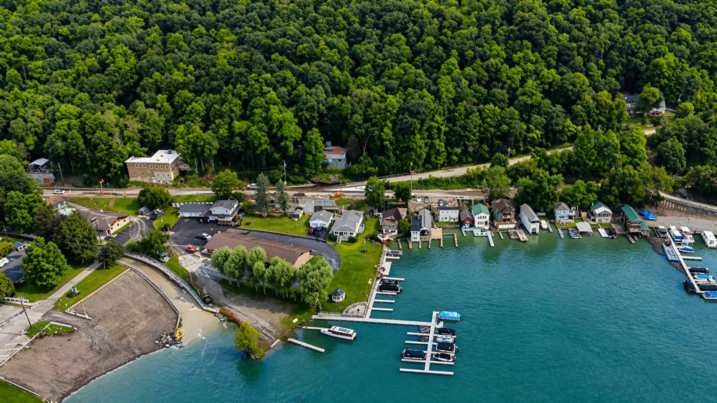 Houses lining the wooded lakefront