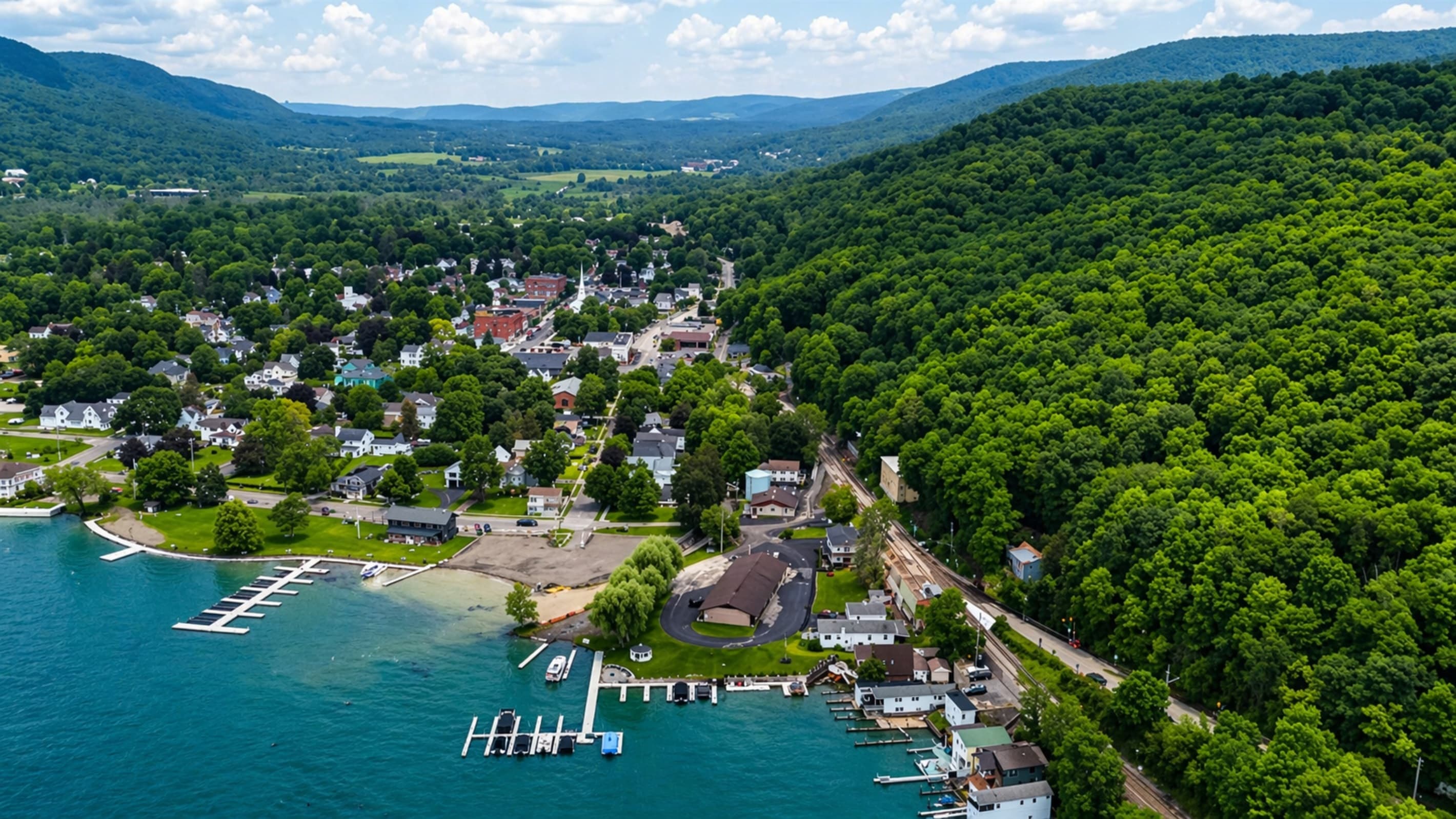 Aerial view across the hillside neighborhood