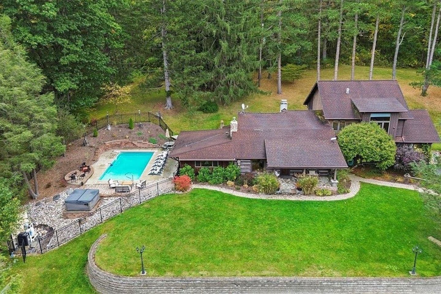 Aerial view of the lodge and pool