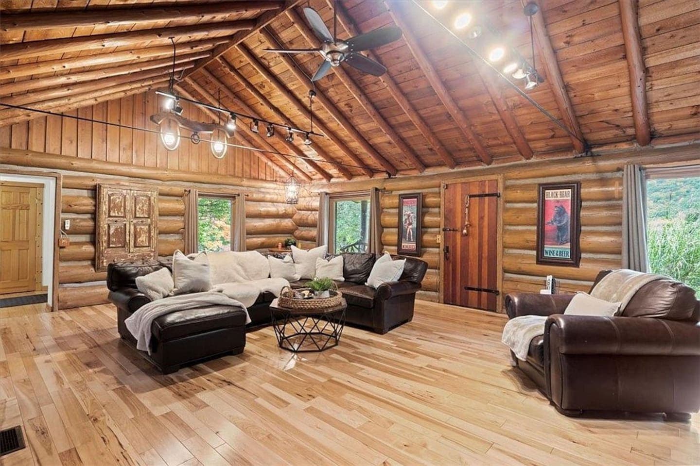 Leather seating beneath exposed ceiling beams
