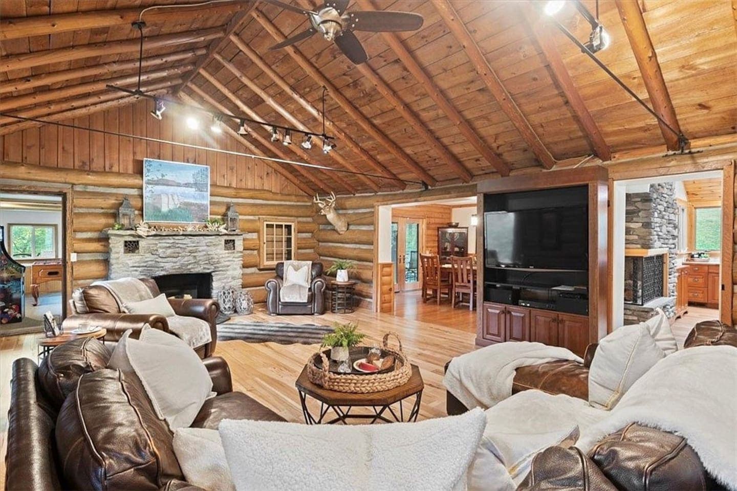 Main living area with fireplace and television