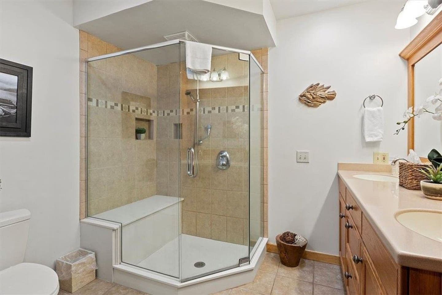 Glass-enclosed shower with dual sink