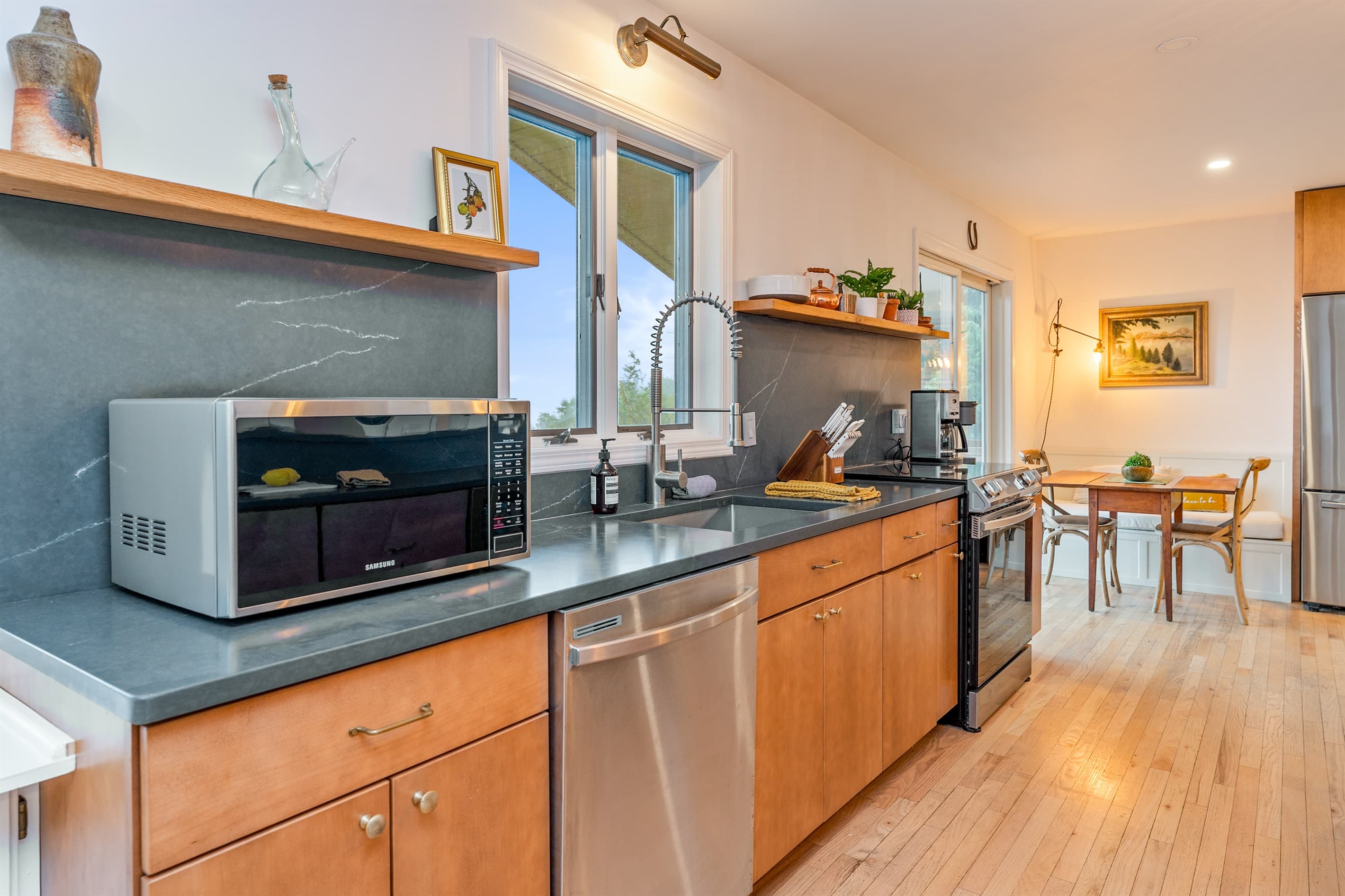 Kitchen counter with stainless steel appliances 