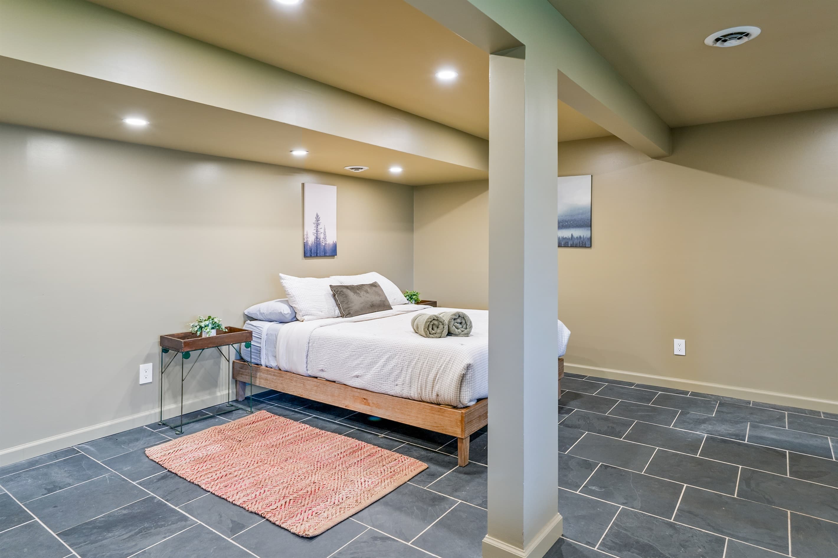 Lower-level bedroom with a red carpet 