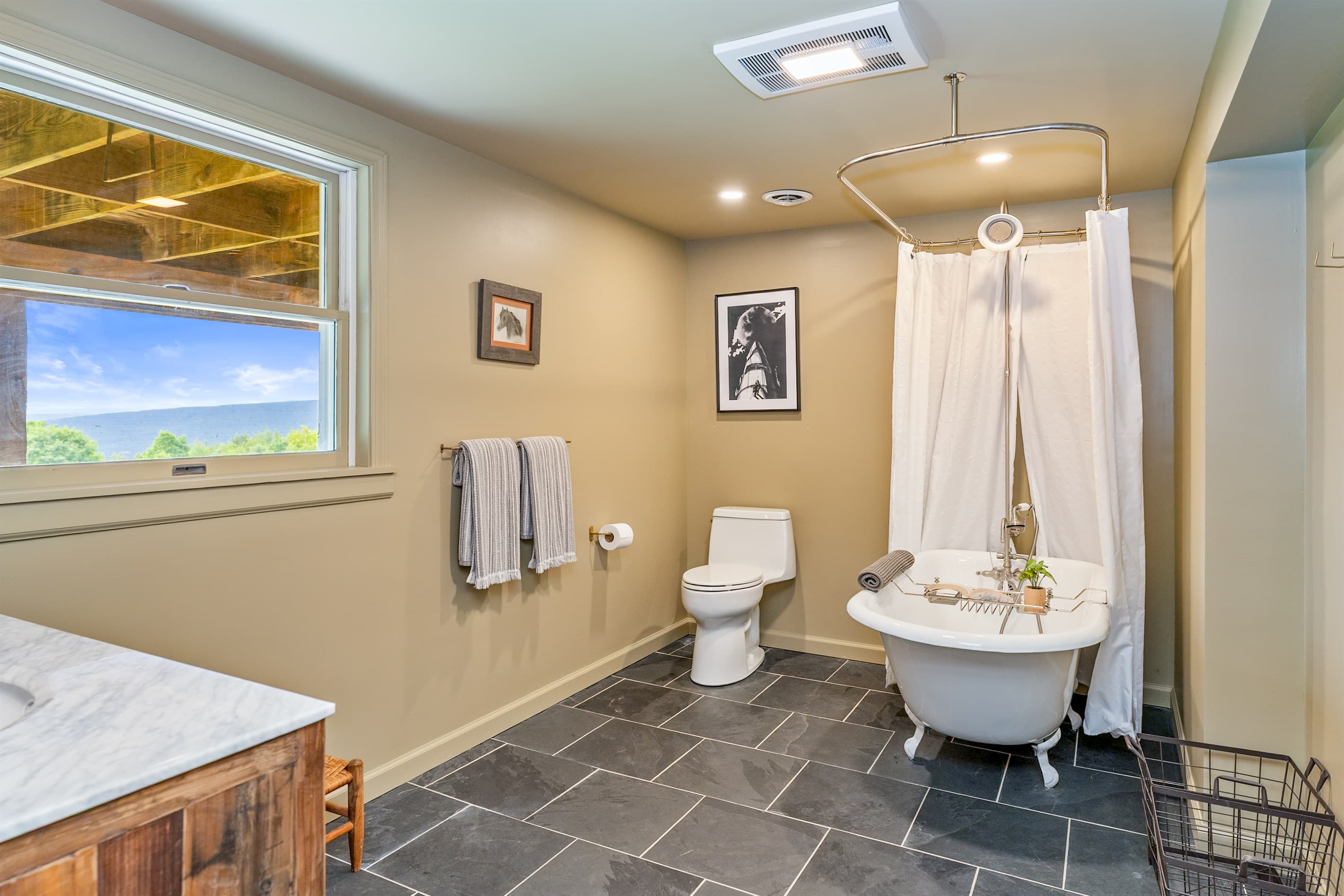 Bathroom with clawfoot tub and shower curtain