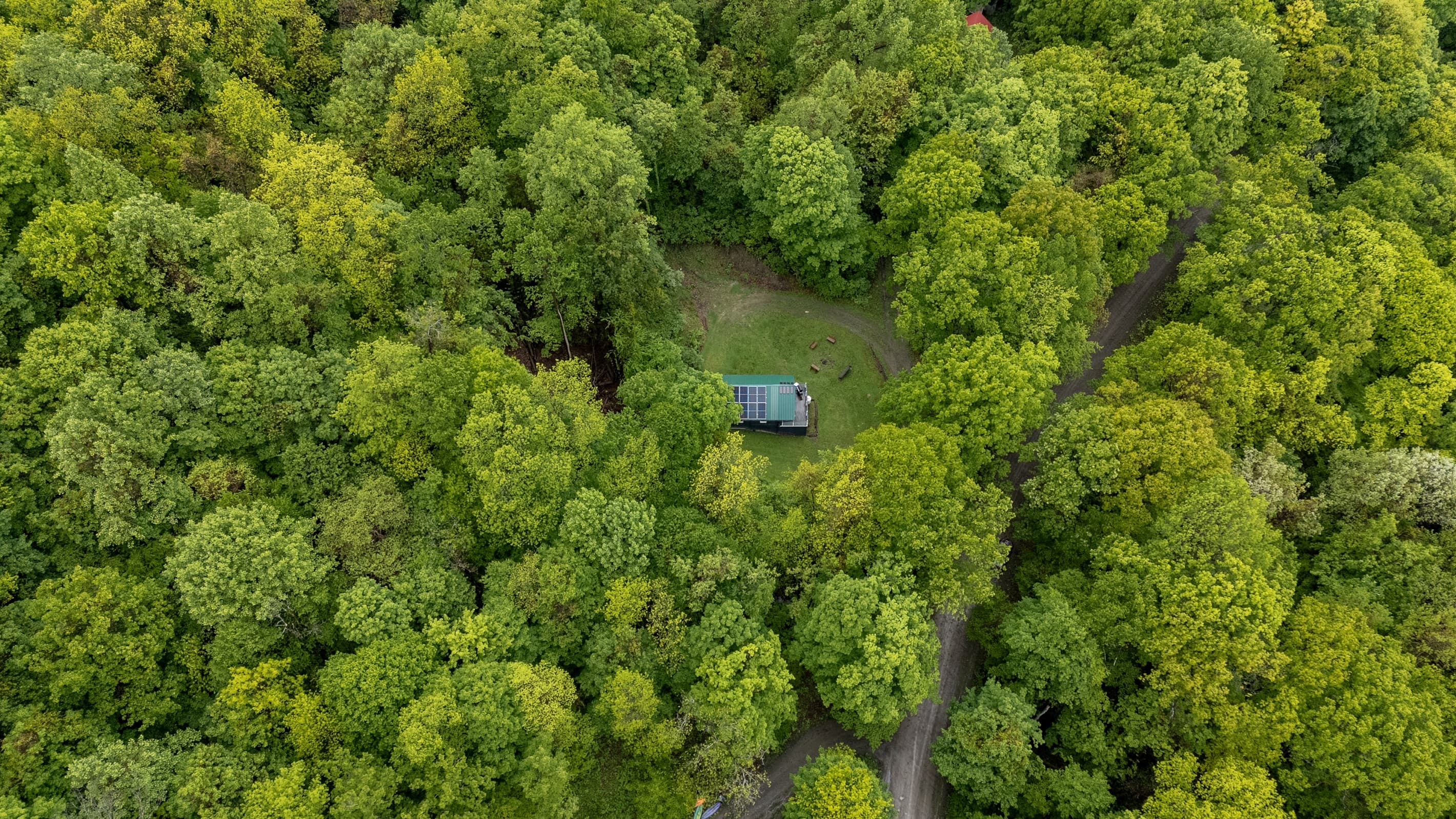 Overhead view of secluded wooded property