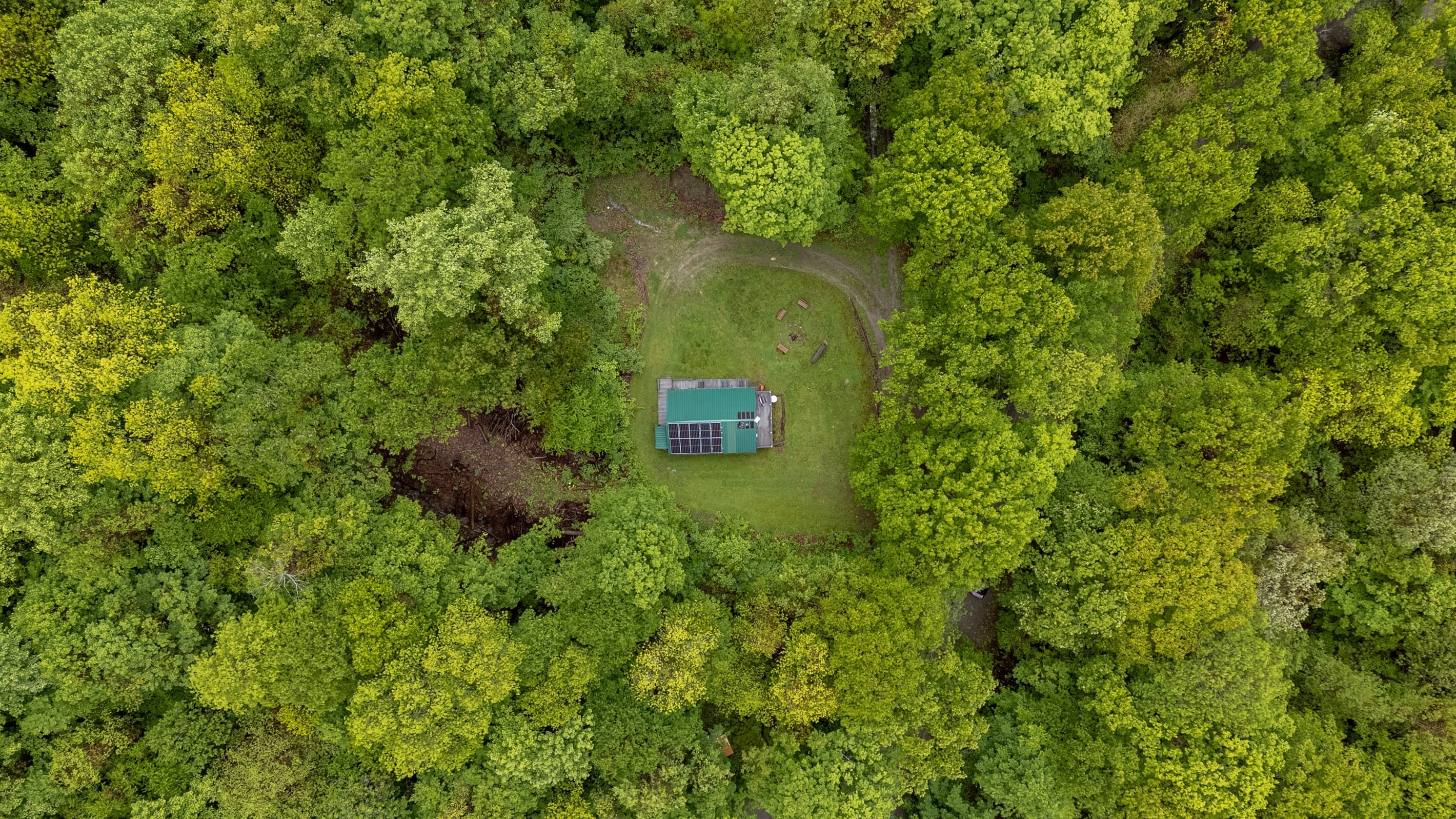 Cabin centered within a grassy clearing