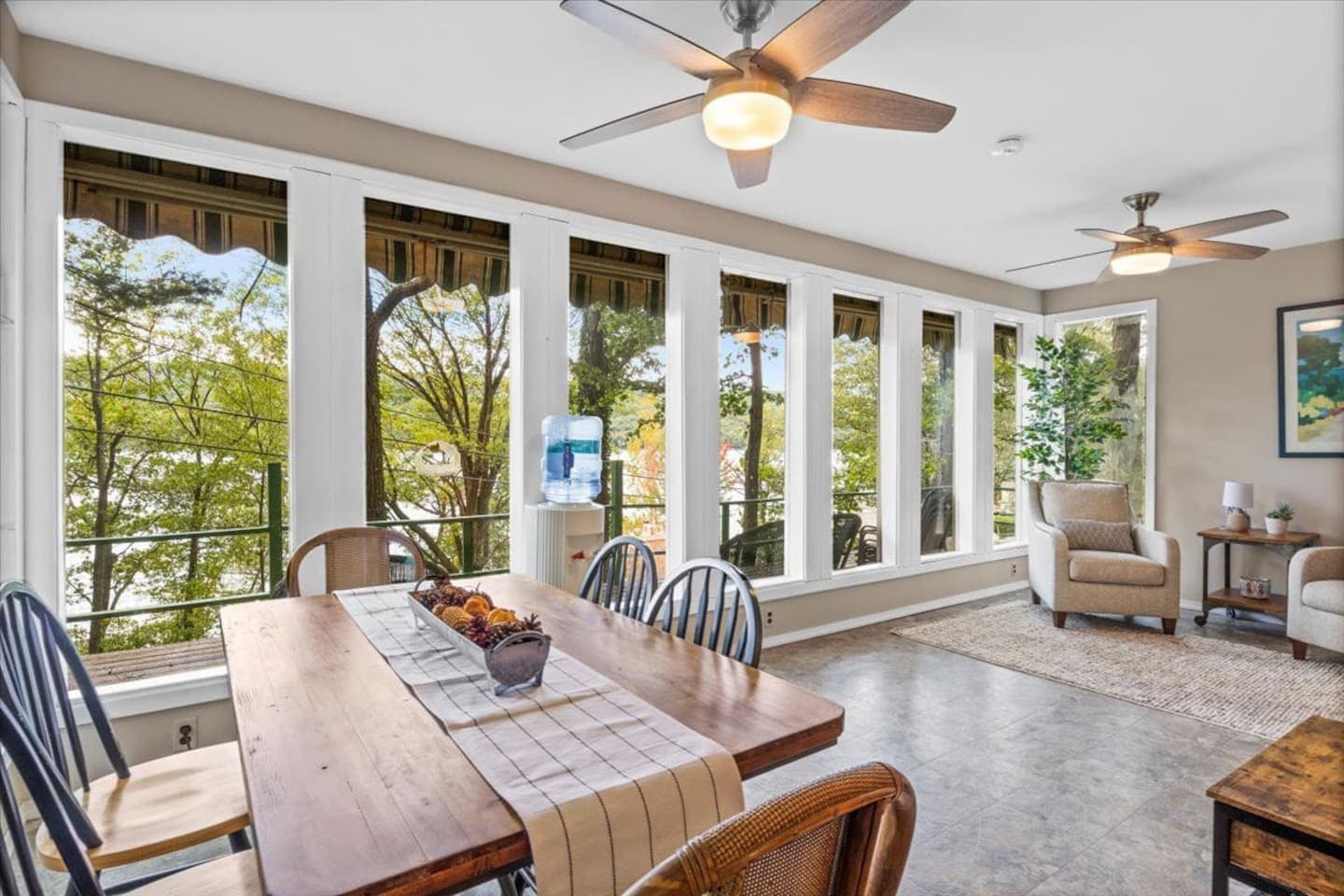 Dining table along the windowed wall
