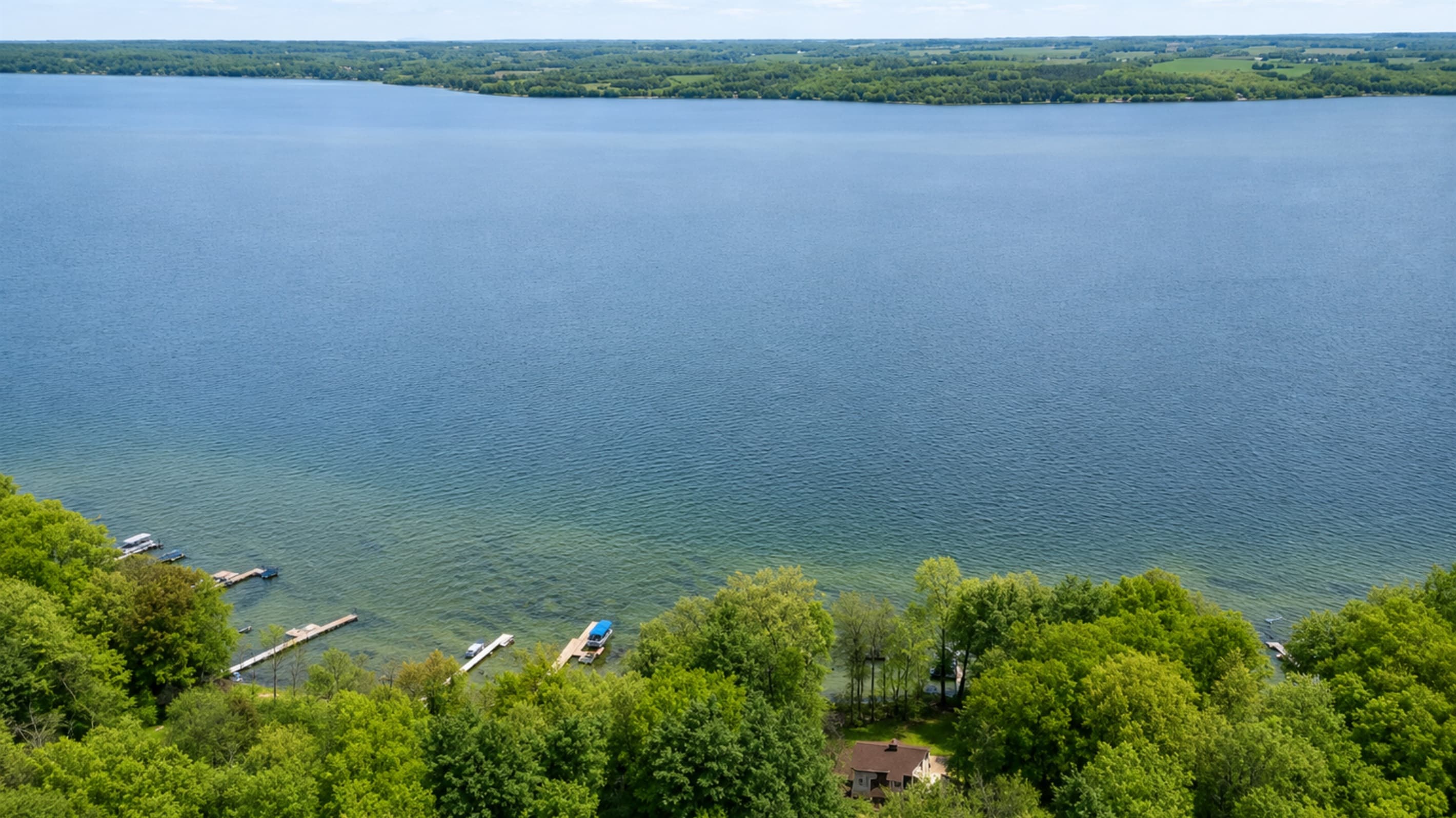 Aerial view across Cayuga Lake