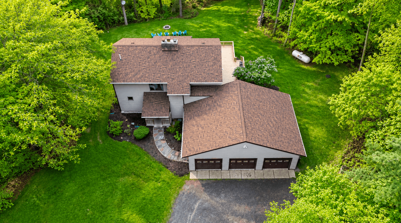 Overhead view of the home and garage